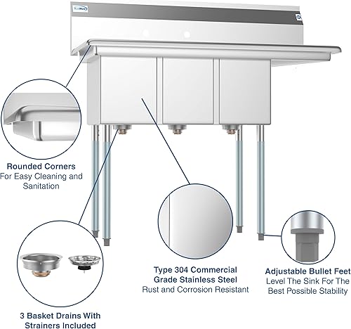 Miniatura 5 de KoolMore Fregadero de cocina comercial NSF de 3 compartimentos de acero inoxidable con escurridor - Tamaño del cuenco 10" x 14" x 10"