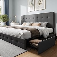 Vista 84 de WEEWAY Base de cama de plataforma de tamaño matrimonial con 4 cajones de almacenamiento, cabecera capitonada con botones de costura de diamante