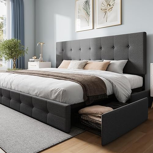 Miniatura 84 de WEEWAY Base de cama de plataforma tamaño Queen con 4 cajones de almacenamiento, cabecera capitonada con botones de costura de diamante, base de