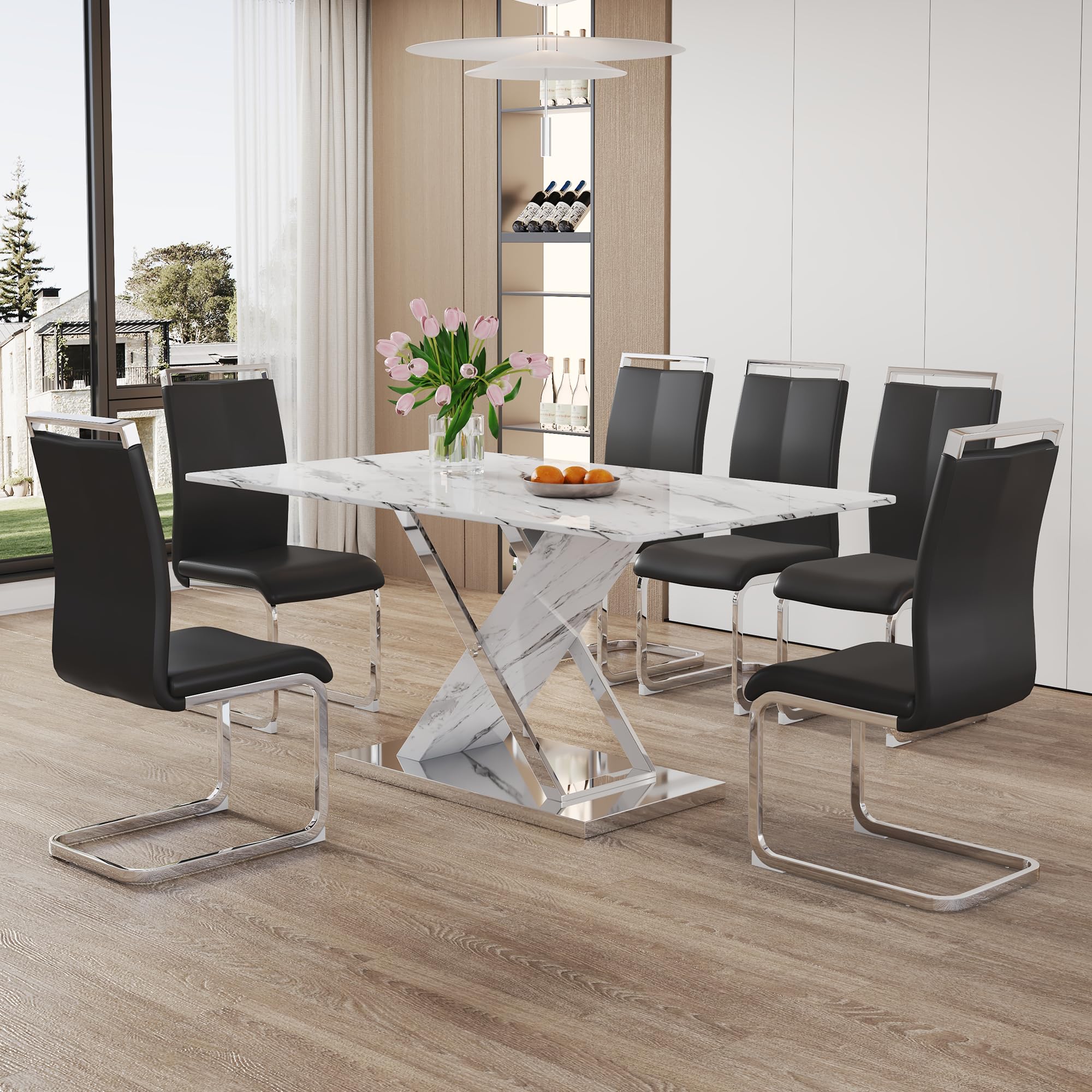 YUN.DREAM Marble Dining Table Set for 6,63 in White Rectangular Table with Sliver Metal X-Shaped Frame and 6 Black Leather Dining Chairs,ModernTable