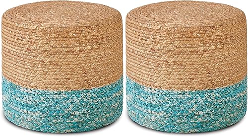 Miniatura 4 de Wimarsbon Puf otomano de 2 piezas, taburete de pie de hierba marina natural, otomana redonda tejida a mano, asiento decorativo bohemio, puf trenzado
