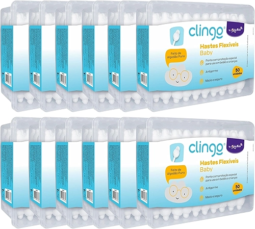 Clingo Kit Hastes Flexíveis de Algodão para Bebê, Pack 12 Caixas com 50 Unidades cada, Ponta Especial de Segurança, 100% Algodão Puro, Macio e Seguro.