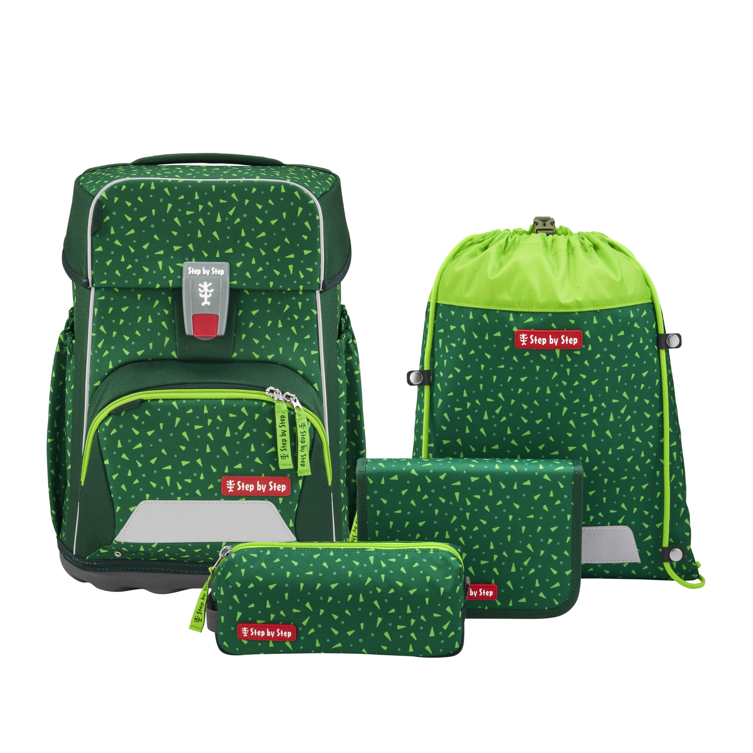 Step by Step Basis Schulranzen-Set „Green Graphics“, 4-teilig, grün, ergonomischer Tornister mit Reflektoren, Hüft- und Brustgurt, für Kinder ab der 1. Klasse, 20 Liter