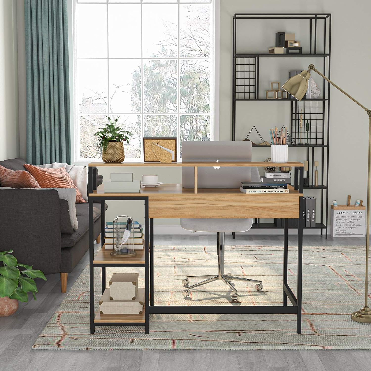 Priti Computer Desk with Storage Shelves Small Writing Desk with Bookshelf Industrial Home Office Desk with Metal Frame Study Table for Bedroom 1