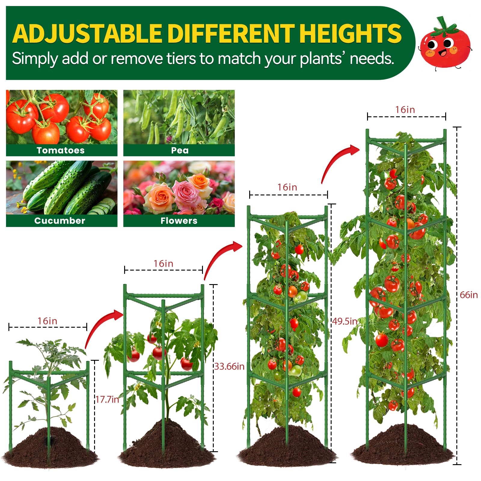 Paquete De 4 Jaulas Tomate Para Jardín Hasta 66 Pulgadas Alto, Estacas Soporte Plantas Metal Con Clips, Triangulares Guisantes, Enrejado Pepino Verduras, Macetas