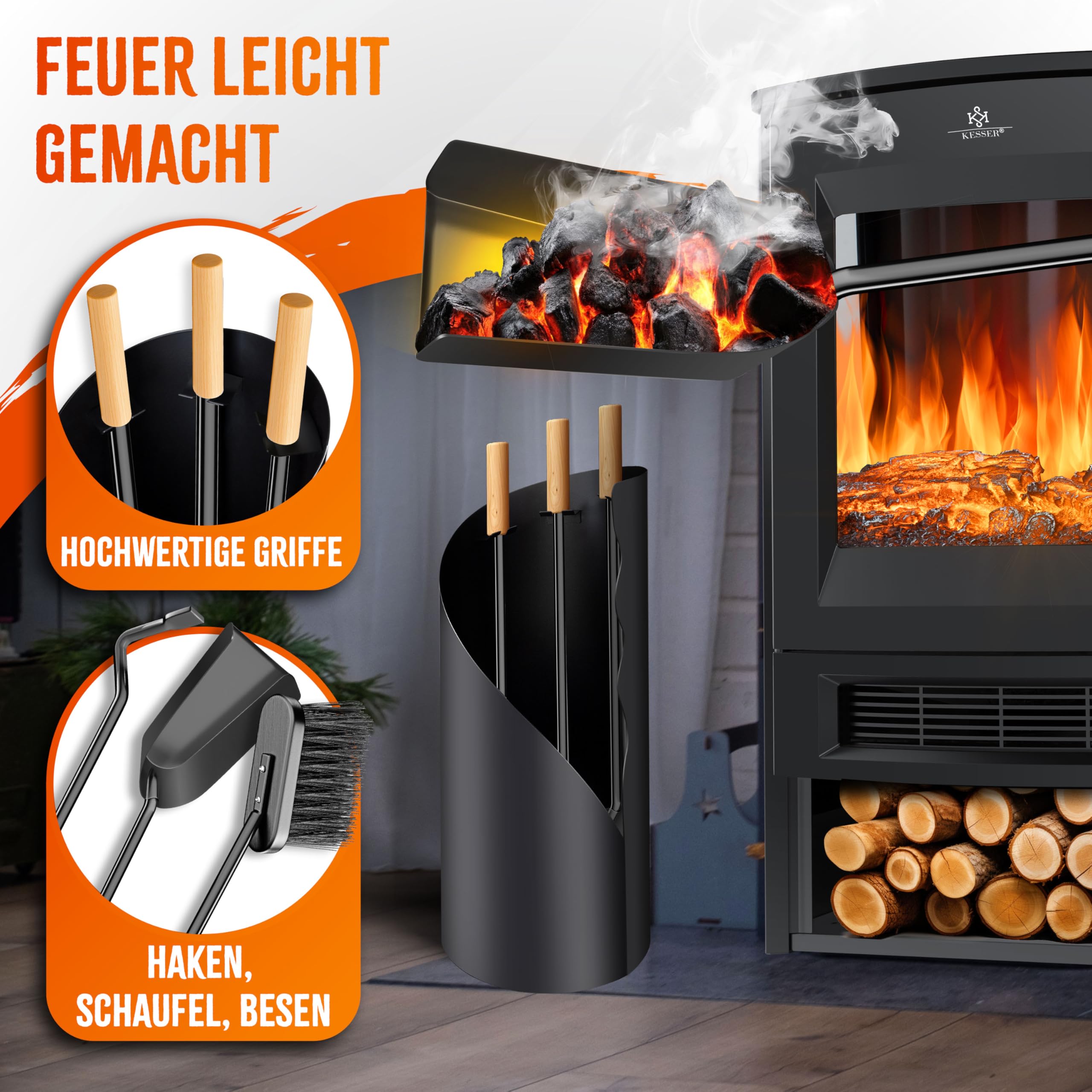 KESSER® Accessori per camino Kit camino da 4 pezzi - design moderno, rivestito, Set per caminetto di alta qualità composto da 4 pezzi: scopino, paletta, attizzatoio, supporto acciaio, manici,Antracita