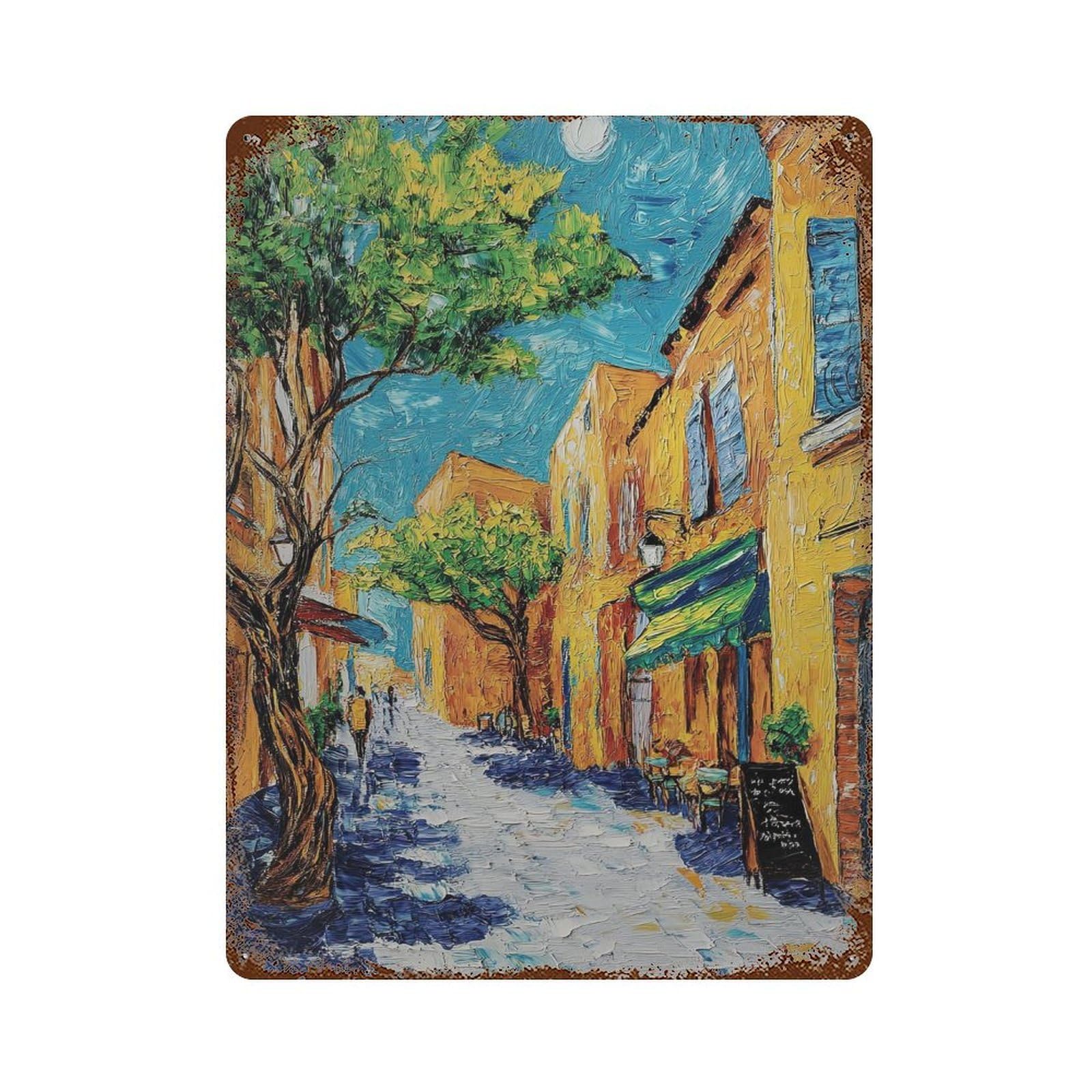 xiaoxiaoshen Van Gogh Style Street Scene. Impressionist Oil Painting Bright Wall Decor Art Metal Tin Poster Modern Home Decor Art Home Bar Shop Decorations Vintage Sign 40x30cm