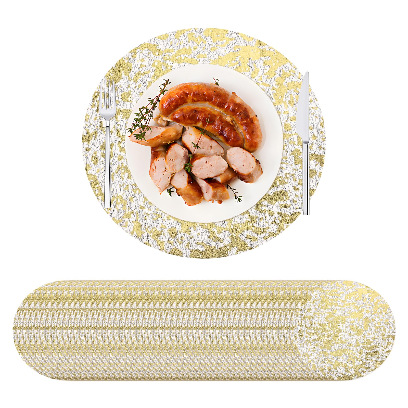 Mtsooning 50Pcs Black Gold Placemats Disposable, 13 Inch Round Elegant Table Mats for Dinner Party, Wedding, Christmas, Luxury Dining Table Decor