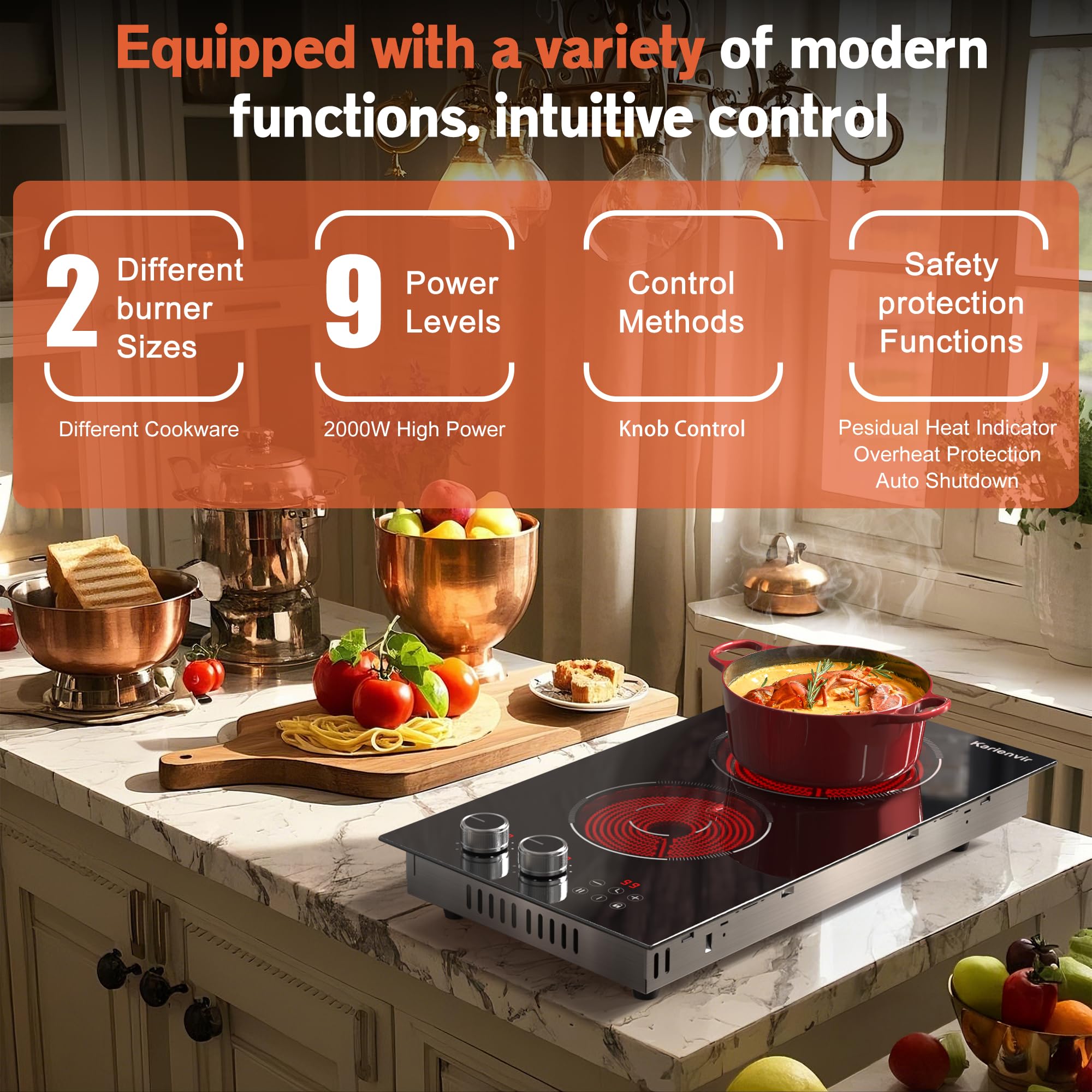 2 Burner Electric Cooktop 110V 2000W Plug in Cook top, 12 Inch Built in or Countertop Stove Top, Electric Burners for Cooking Knob & Touch, Cooktop with 9 Power Levels, Safety Lock, Timer, Karienvir