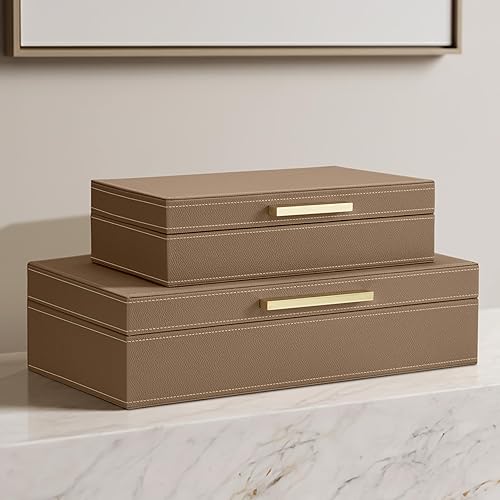 Miniatura 9 de ZICOTO Cajas de almacenamiento decorativas con tapas, juego de 2 hermosos cubos organizadores de piel sintética para la decoración de tu estantería