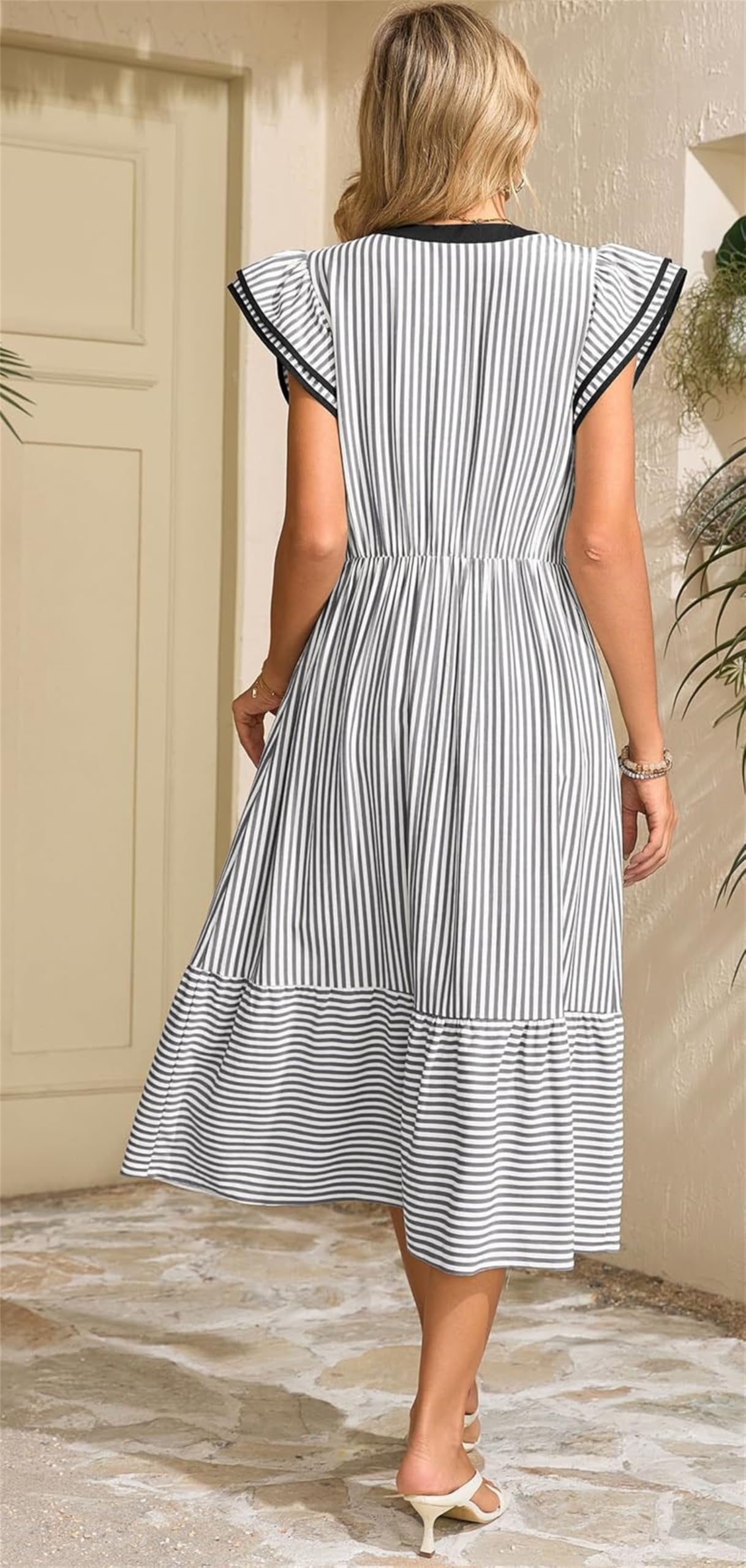 Vestido Midi de Verano para Mujer, Casual, con Escote en V, Estampado de Cuadros Vichy y Mangas Cortas con Volantes, Estilo Bohemio y Falda escalonada, Ideal para Vacaciones en la Playa.