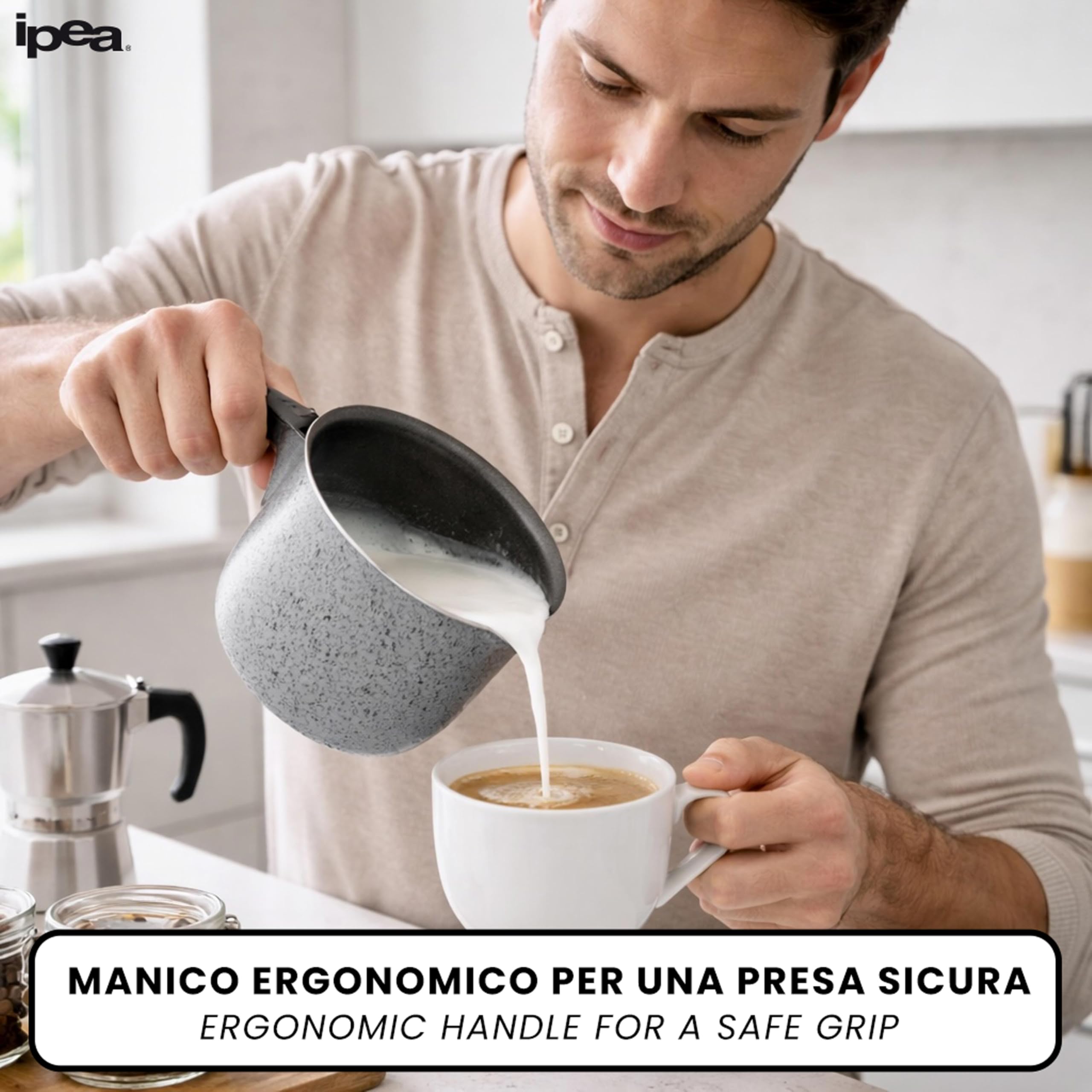 IPEA Bollilatte in Alluminio effetto Granito per Fornelli a Gas – 12 CM - Pentolino per Latte, Caffè e Cucina – Antiaderente con Manico Ergonomico –– Pentolino da Cucina Compatto - NO INDUZIONE