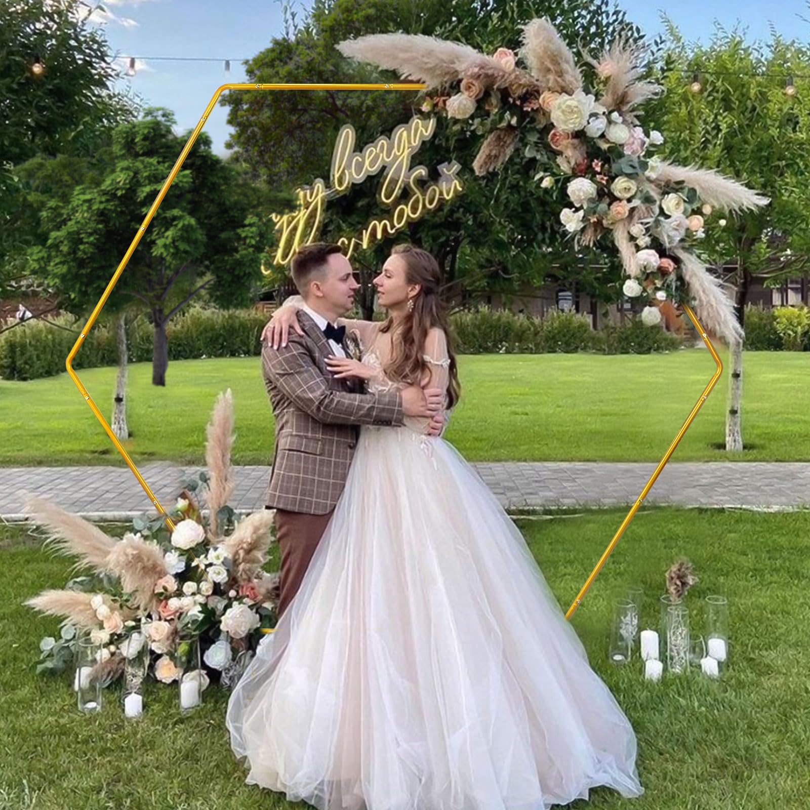 PlusFive Sześciokątny łuk ślubny, złoty łuk balonowy, 2 m, jedyny w swoim rodzaju sześciokątny design, stojak na balony z metalowym łukiem na urodziny, wesele, baby shower, dekoracja na zakończenie