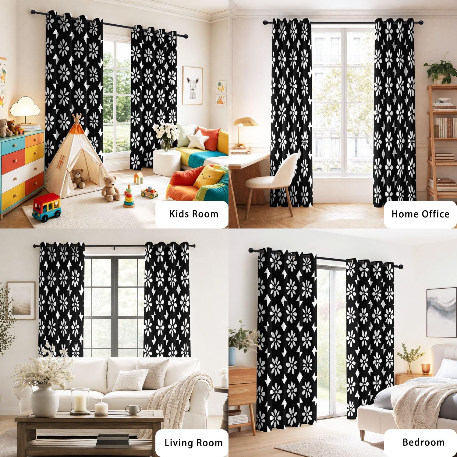 Generisch Schwarze siebenblättrige Blumen, Weiße Blumen Vorhänge Blickdicht 215 x 140 cm | Gardinen 2er Set - Retro-Trend, Nahtloses Schachbrettmuster - Verdunkelungsvorhänge für Hauptschlafzimmer
