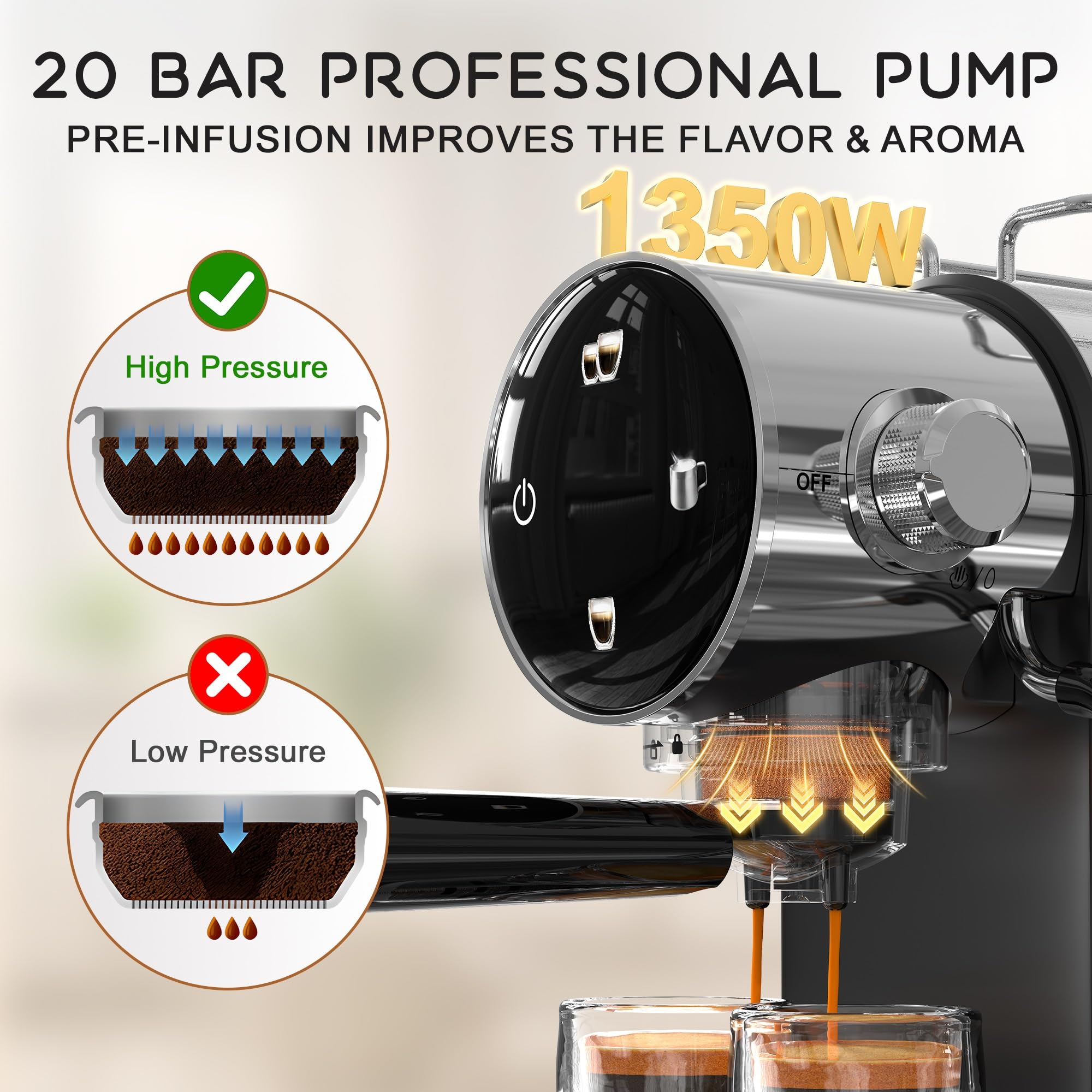 CHEFFANO Espressomaschine, 1350W, 15-Bar-Pumpe, Touchscreen, Edelstahlgehäuse & Dampfstab für Cremespuma