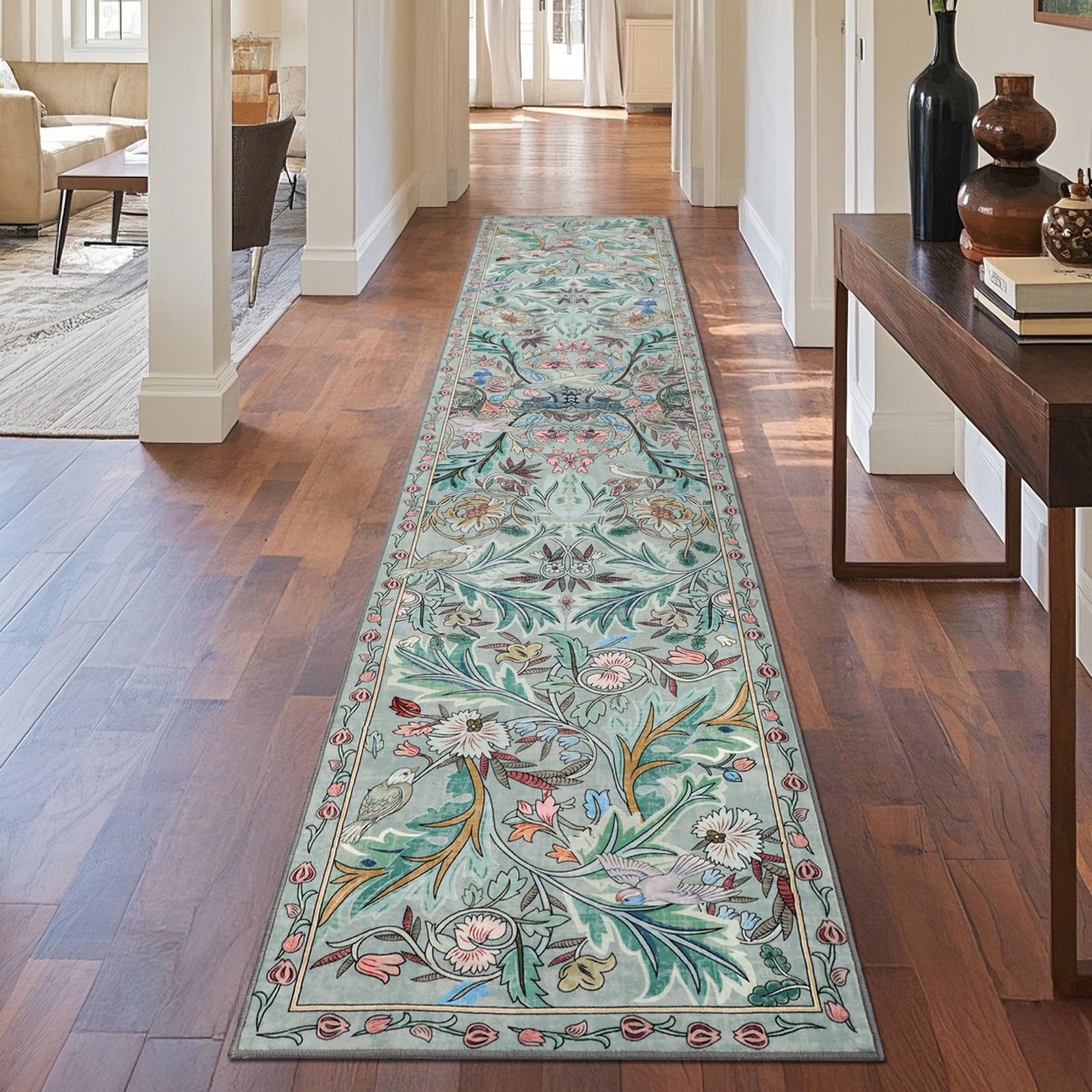 TUKDAK Runner Rugs for Hallway 60×300 cm, Green Bird Washable Carpet for Kitchen with Non Slip Backing, Soft Low Pile Long Entryway Rug, Boho Animal Bedroom Floor Mat for Entrance Living Room Laundry