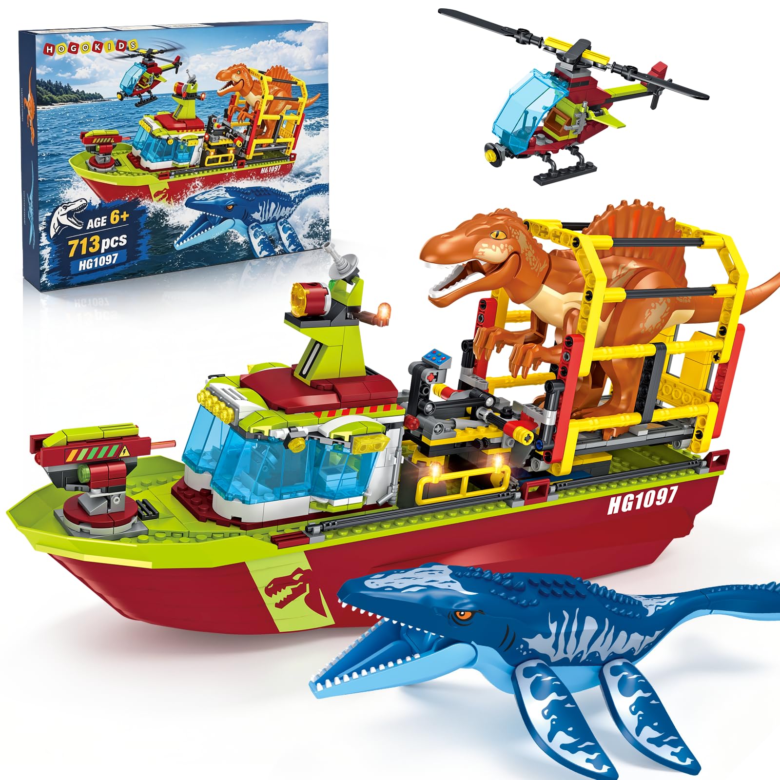 HOGOKIDS Large Dinosaur Rescue Boat Building Toy Set, Gift for Boys Age 6+
