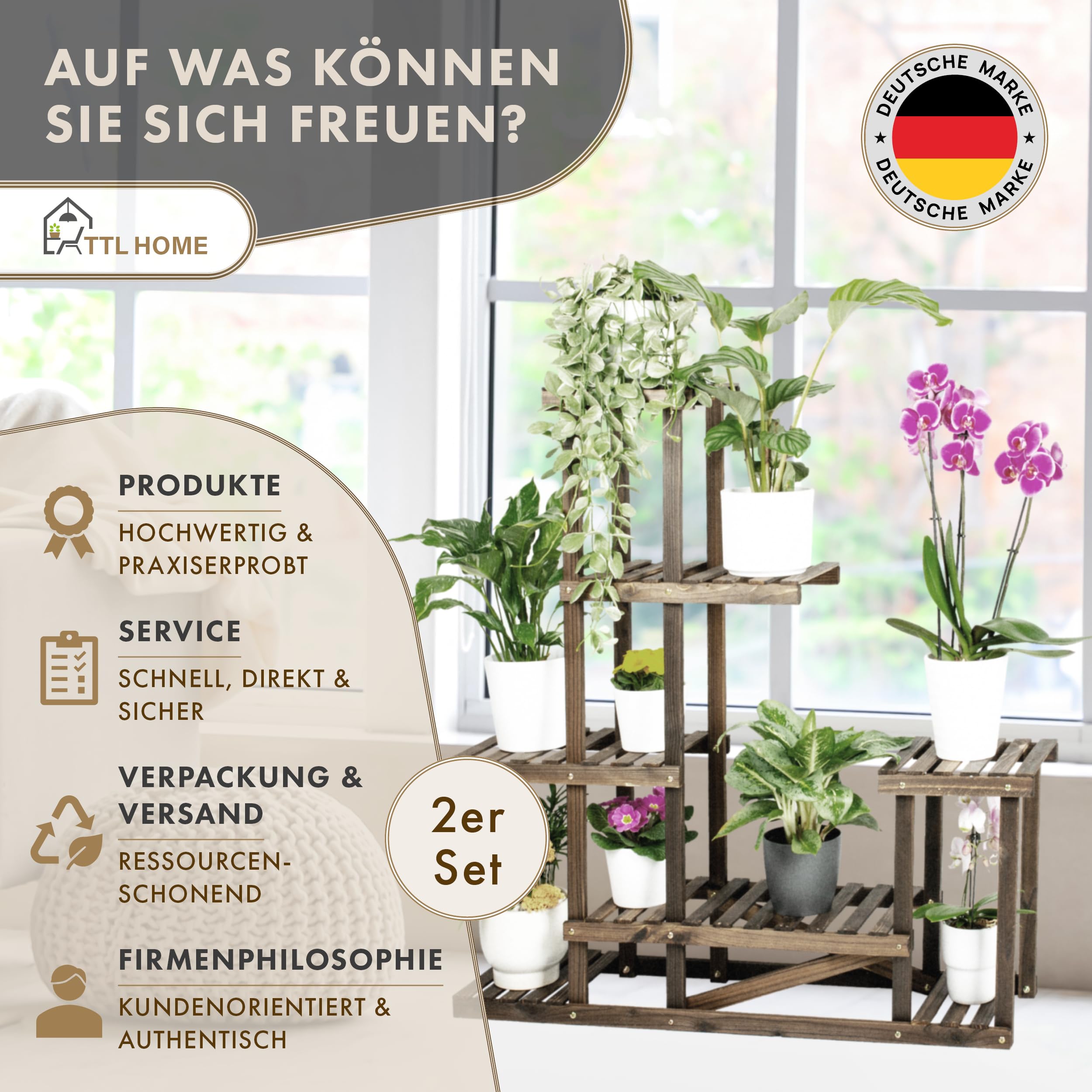 Pflanzenregal SKYLINE 2er Set - 96 x 97 x 25 cm Natur Holz braun | - Pflanzentreppe Blumenbank 96cm hoch 7 Plattformen auf 5 Ebenen Blumenregal Regal Blumentreppe innen & außen Balkon Terrasse