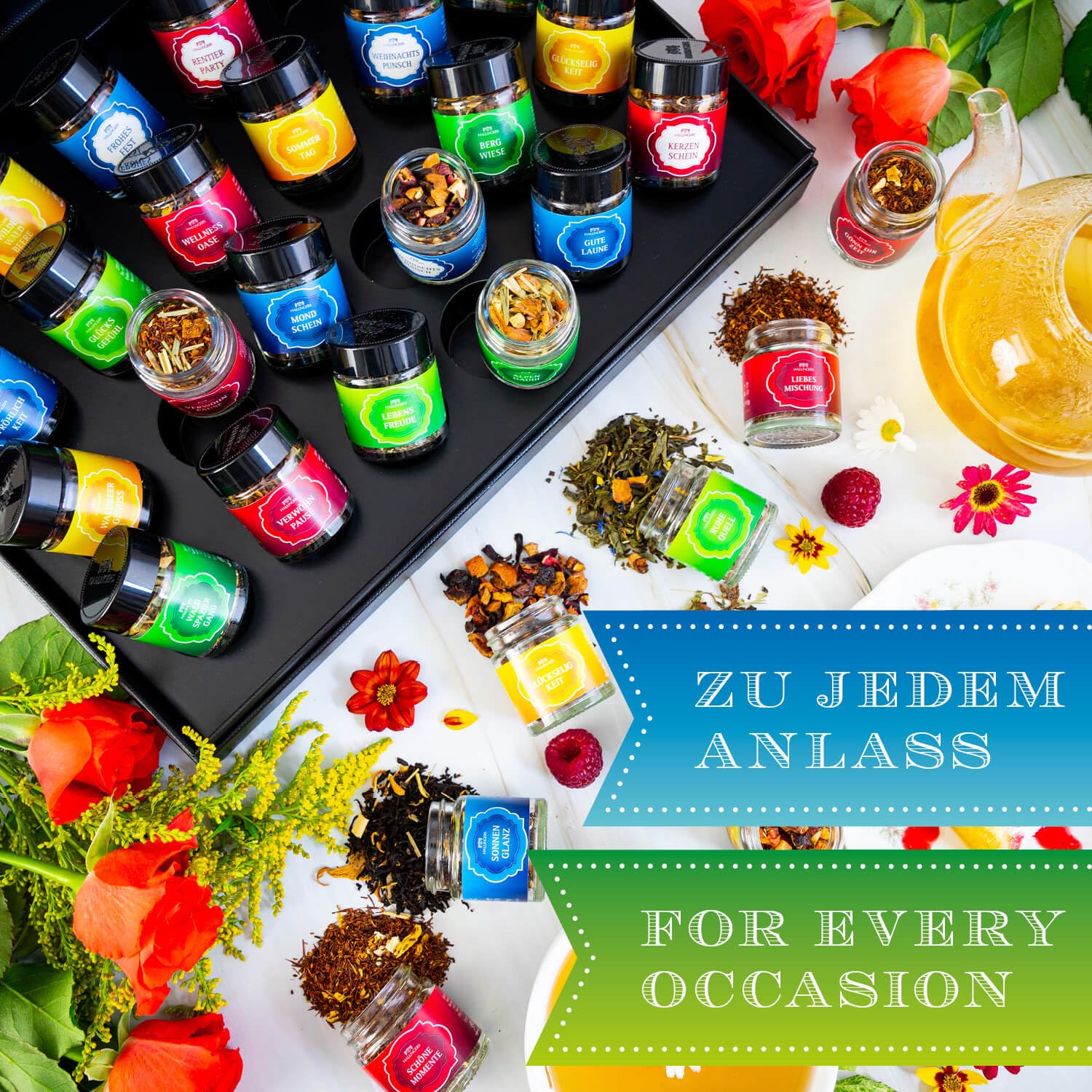 Hallingers Genuss Manufaktur Tee Geschenk-Set - 24 Sorten premium loser Tee Probierset in edler Geschenkbox mit Rezept-Booklet "Tee Deluxe Sele...", Geschenkidee für Frauen Männer