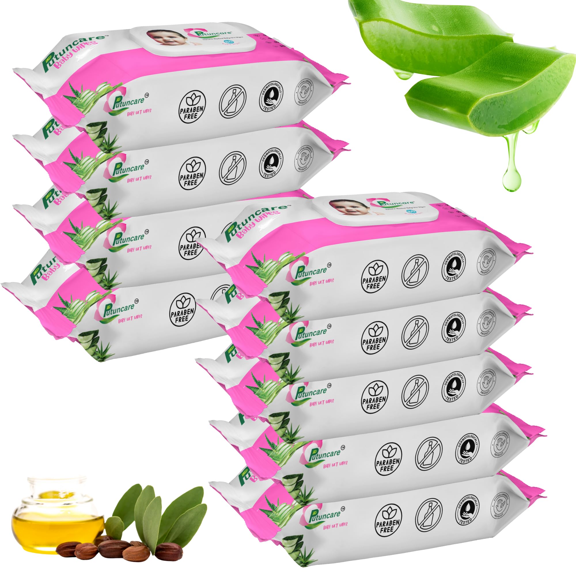 Putuncare Baby Wipes with 99% Pure Water – 80 Wipes per Pack (Pack of 9, Total 720 Wipes) | Aloe Vera & Cucumber | pH Balanced, Paraben-Free-image-18