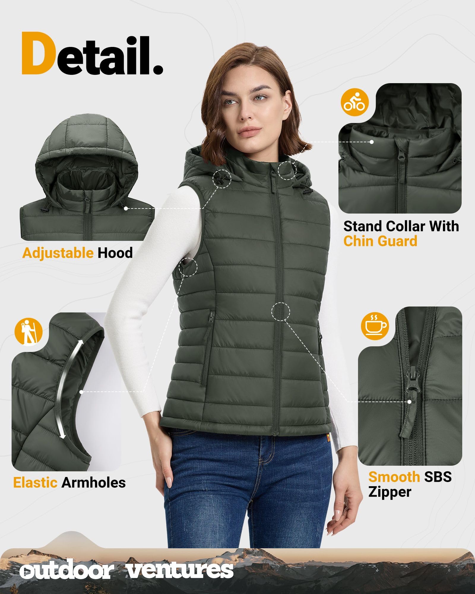 Outdoor Ventures Gilet matelassé à capuche pour femme - Gilet de transition pliable - Veste de sport hybride doublée - Gilet de cyclisme chaud avec col montant