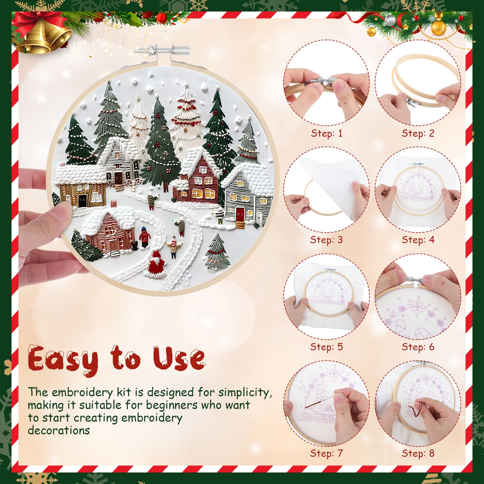 KAJNBN Kit de Bordado Navideño para Principiantes, 4 Piezas Bastidor de Bambú de 15 Cm, Algodón y Lino, Incluye Tijeras Rosas y Herramientas para Manualidades, Adecuado para Decoración