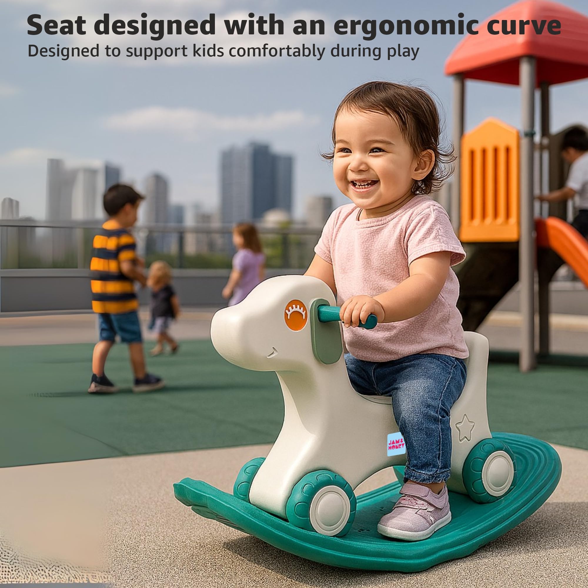 Amazon Brand - Jam & Honey 3-in-1 Puppy Push On Ride On Rocker for Kids | Balancing Board | Backrest | Easy Grip | Four Wheel | Durable and Safe | Lightweight | Animal Theme | 12 Months+ | Green 2