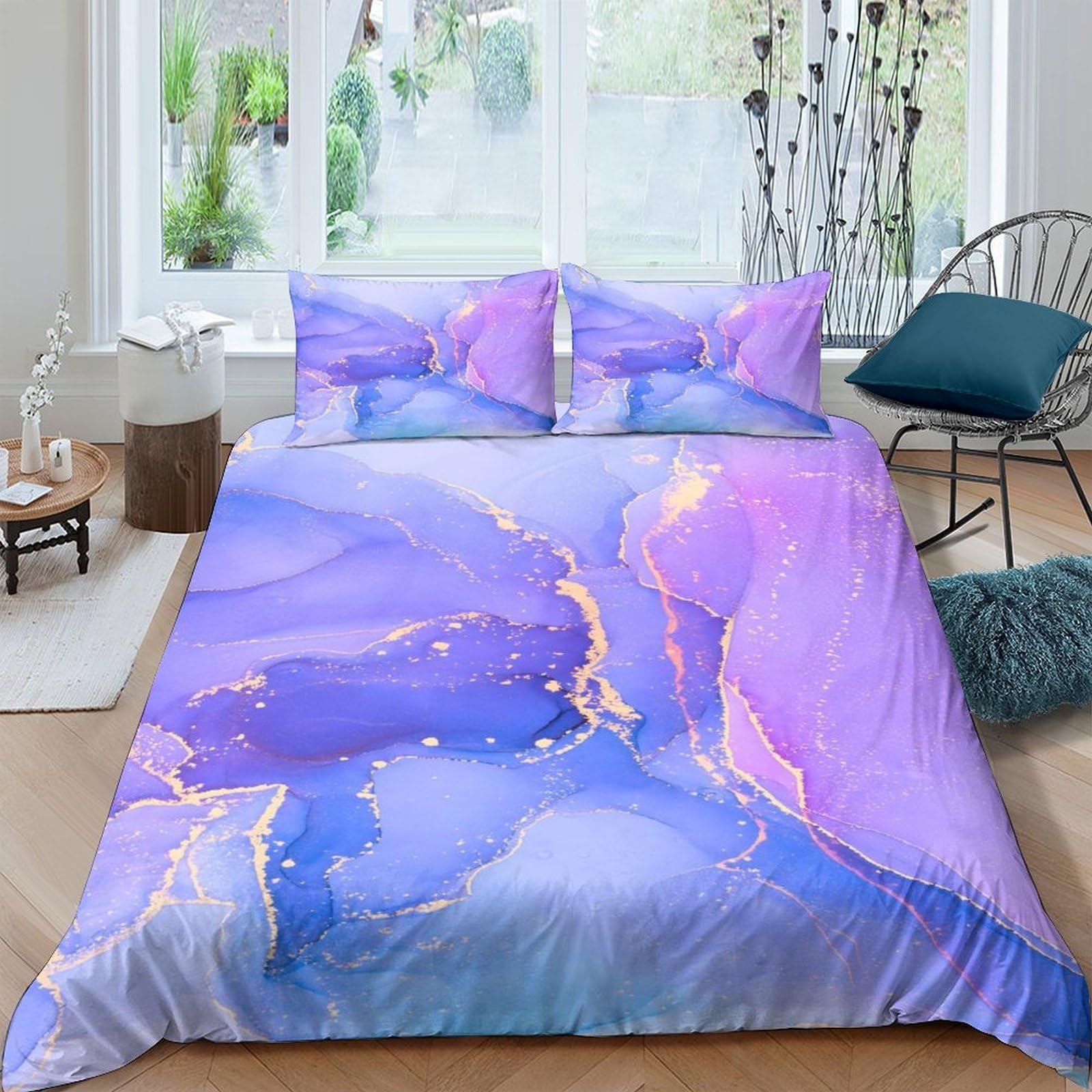Ctjqhvkz Style-4 3D Printed Purple Marble Fitted Sheet Microfiber Soft Breathable Abstract Gold Vein Mattress Cover For Bedroom Dorm Easy Care Single（135X200cm）