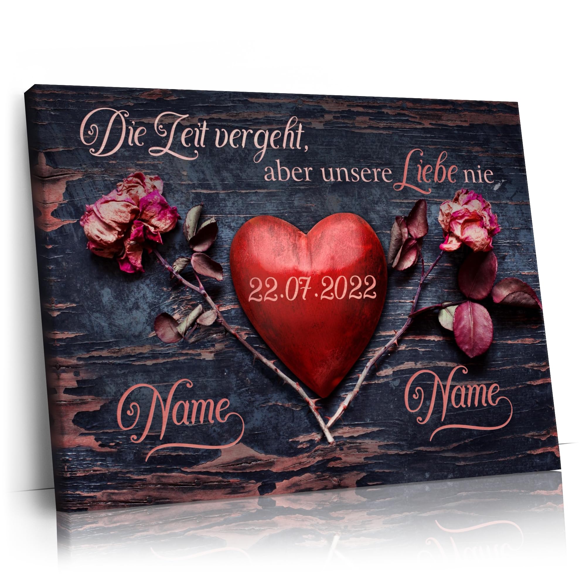 Liebesleinwand Individuelles Wandbild | Jahrestag, Hochzeitstag Geschenke für Frauen | Leinwand mit Namen und Datum gestalten | Unsere Liebe vergeht nie