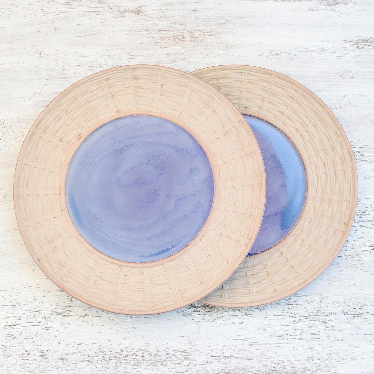 NOVICA Artisan Handmade Ceramic Plates in Blue from Thailand Pair Beige Tableware Dinnerware [ 0.9in H x 10.25in Diam.] ' Country Meal' Pair