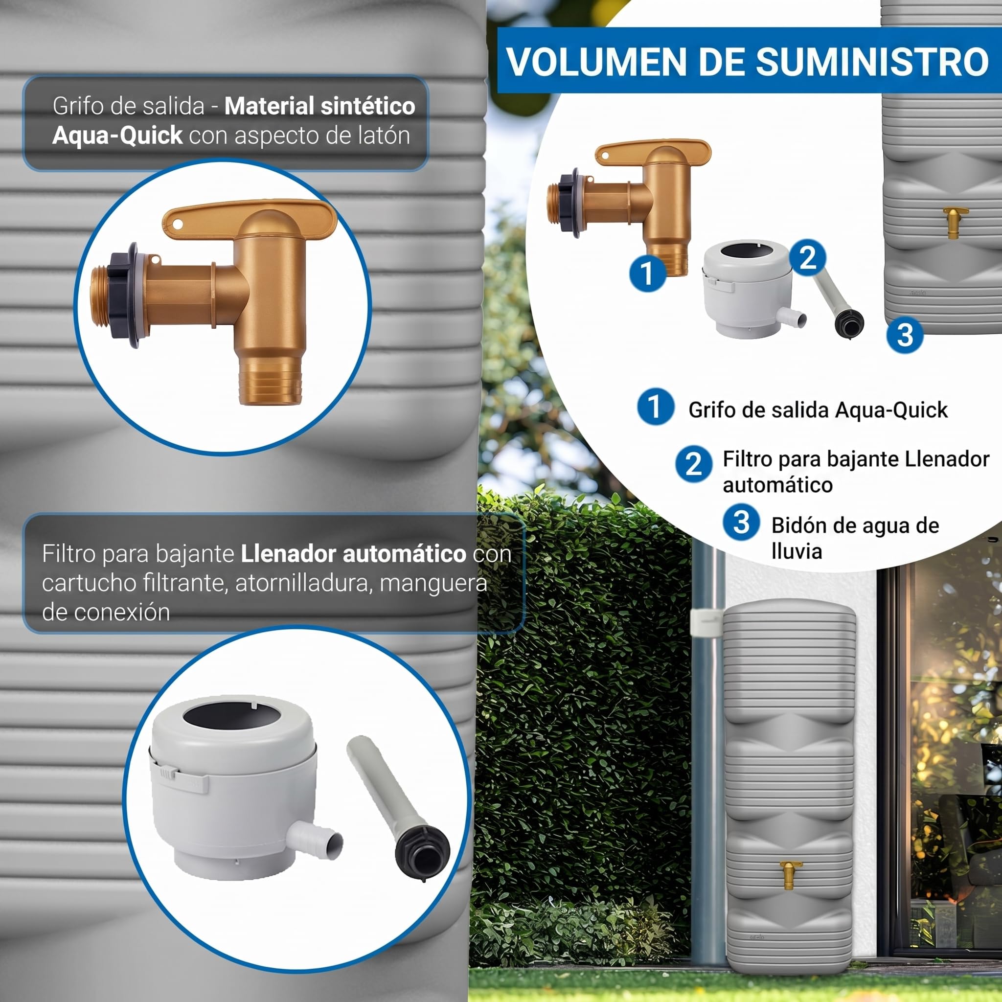 4rain Quadro Set Completo depósito Mural de Agua de Lluvia 170 L Gris hormigón Incl. Grifo de plástico y conexión al bajante