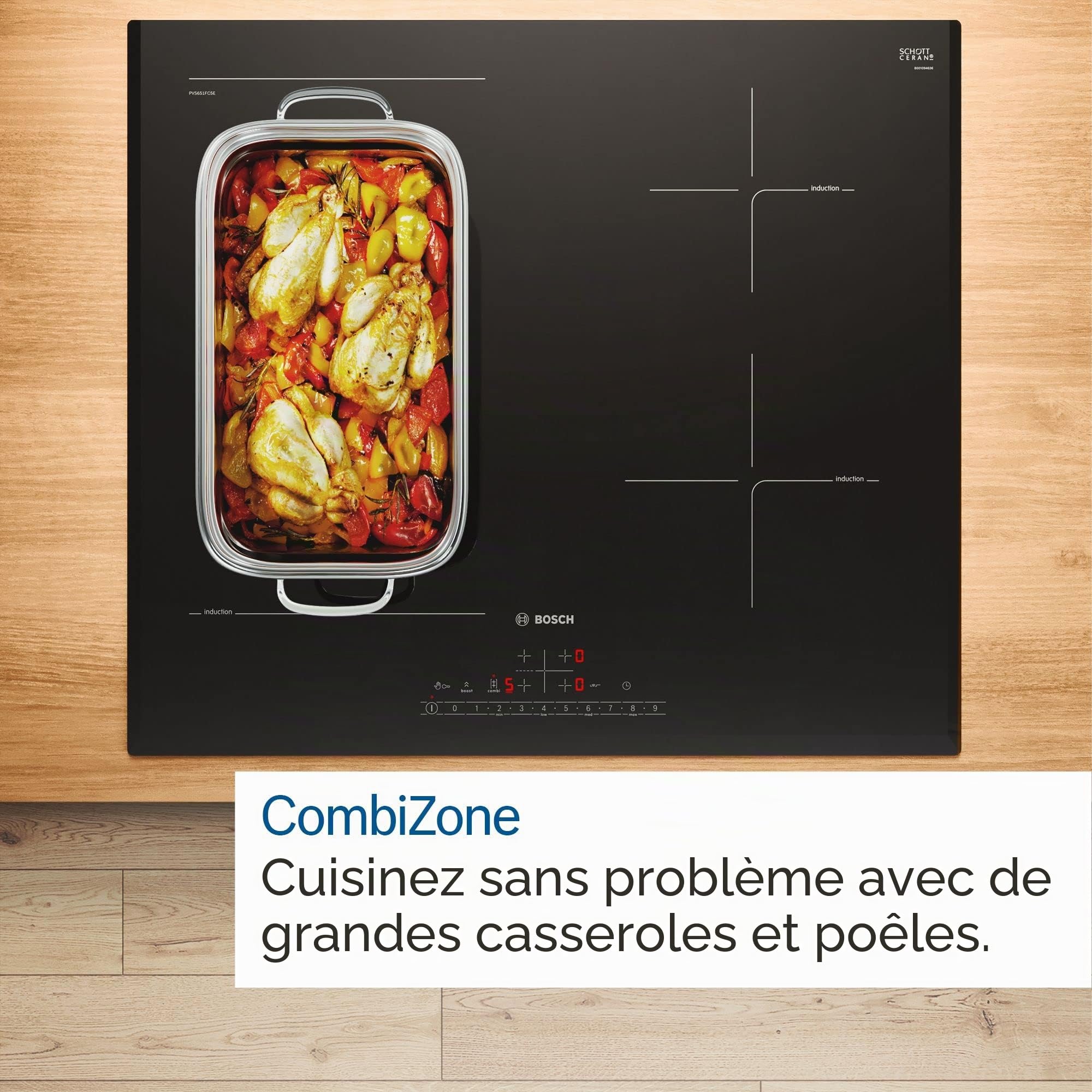 Bosch PVS845HB1E Série 6 Plaque de cuisson intelligente à induction, autonome, 80 cm de large, combinaison, deux zones de cuisson, zone de cuisson à induction de 28 cm, cadre périphérique, commande de