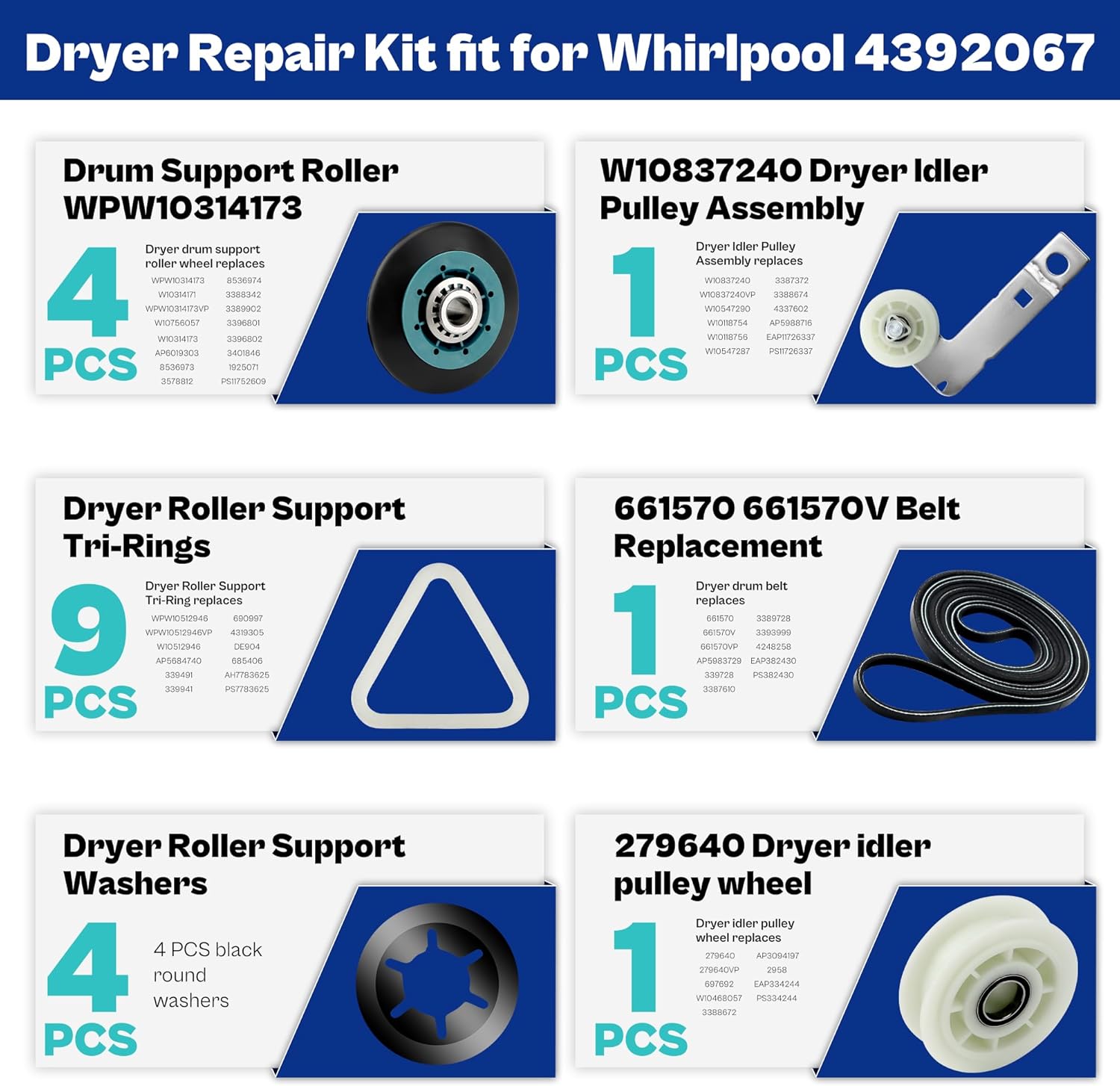 Upgraded WPW10314173 4392067 Dryer Repair Kit fit for Whirlpool Maytag Bravos XL Dryer Parts MEDB835DW4 with Dryer Belt Drum Roller 279640 W10837240 661570V W10314171 2015 4392067VP 80047 prime&swift