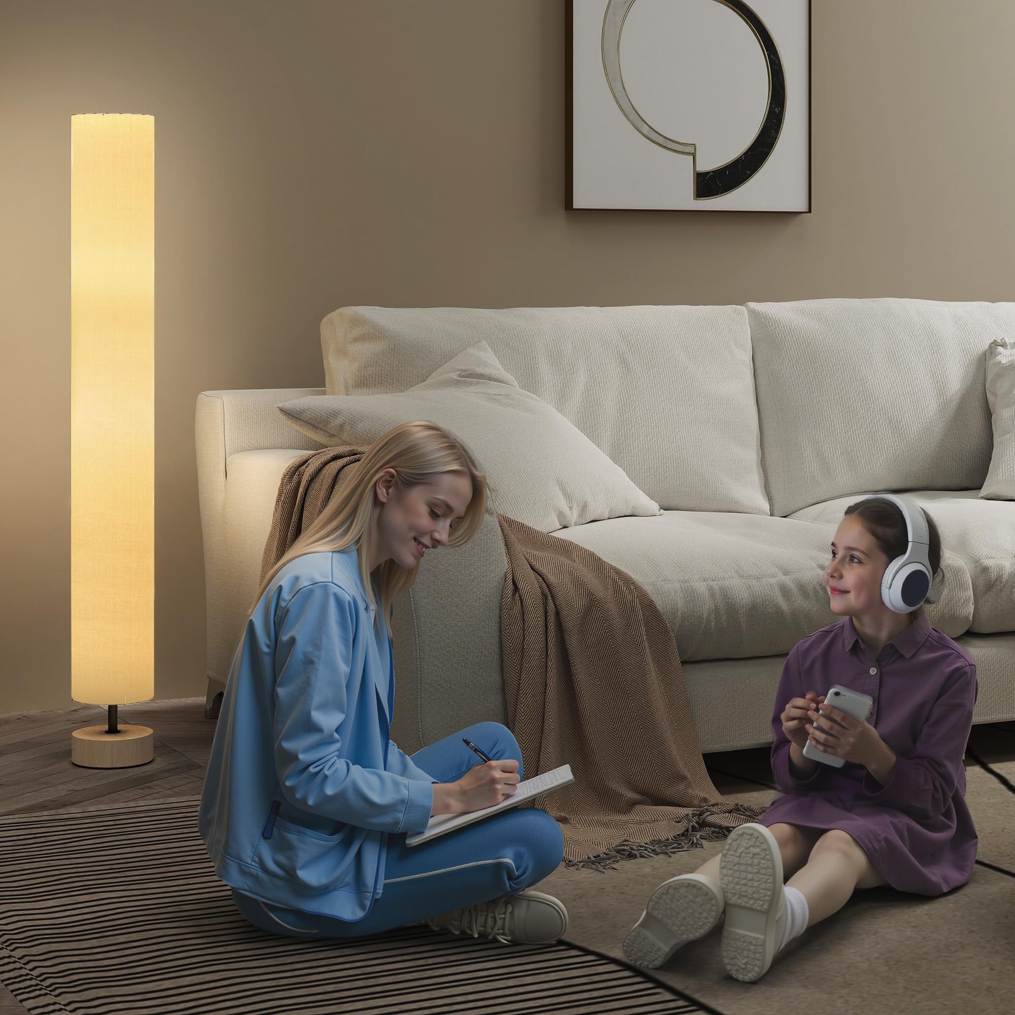 HOMCOM Lampadaire lampe sur pied de salon abat-jour en lin contemporain avec interrupteur à pied, 2 x douille E27, lampadaire salon, chambre à coucher, bureau, 120 cm, beige