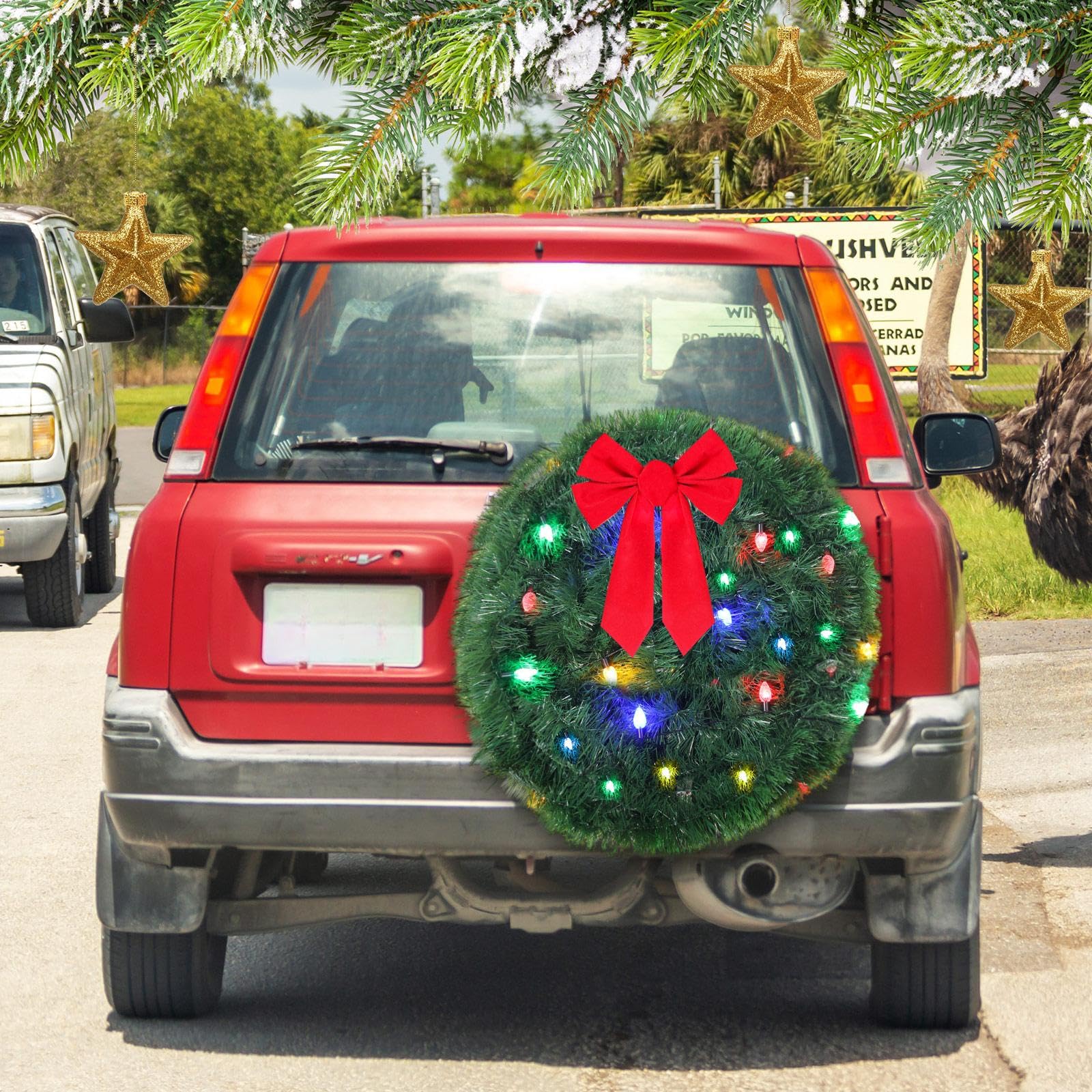 Grande couronne de Noël à LED pour voiture - Couronne de Noël artificielle pour grille avant de voiture - Couronne de Noël lumineuse avec nœud rouge - Décorations de Noël pour camion compatible