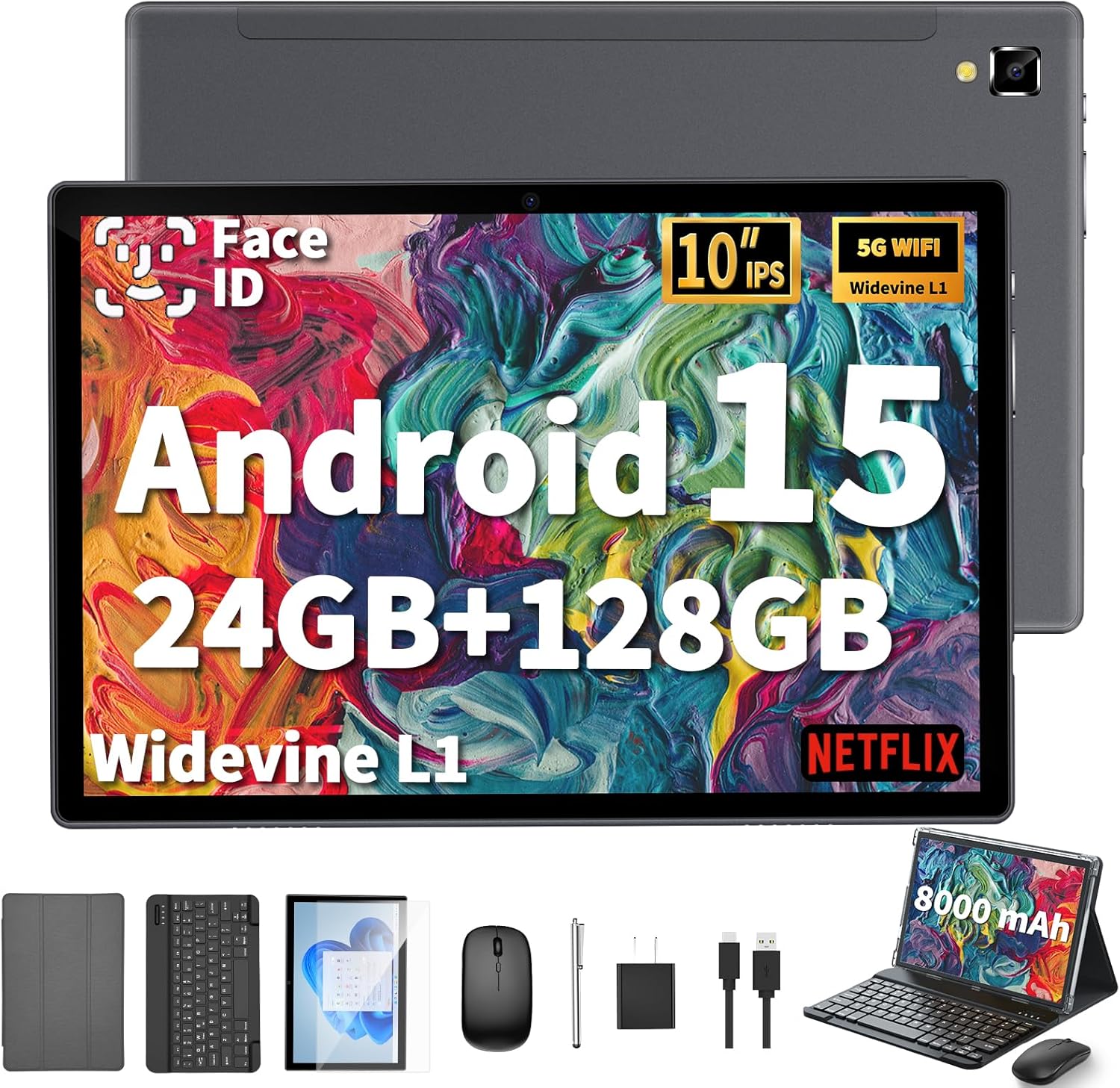 YOBANSE 2025 Tablet with Keyboard, 24GB RAM, 128GB ROM(2TB Expand), 10.1 inch Android 15 Tablet, 8000mAh Battery, BT 5.0, GMS Certified, 5G/2.4G WiFi, Tablets with Mouse, Case, Stylus-Silver Case YOBANSE 2025 Tablet with Keyboard, 24GB RAM, 128GB ROM(2TB Expand), 10.1 inch Android 15 Tablet, 8000mAh Battery, BT 5.0, GMS Certified, 5G/2.4G WiFi, Tablets with Mouse, Case, Stylus-Silver Case