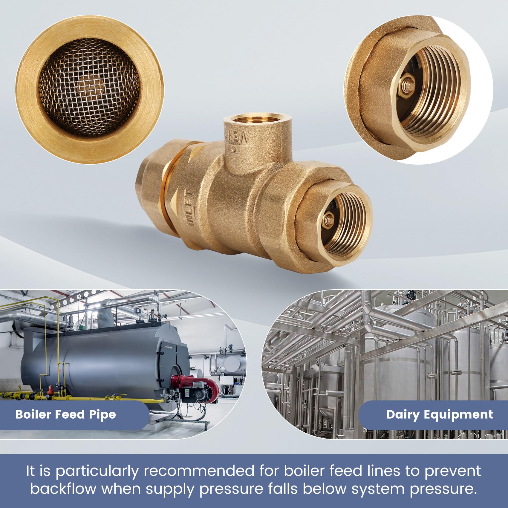 Clapet anti-retour M2 1,9 cm double clapet anti-retour avec aération atmosphérique intermédiaire, NPT femelle, laiton sans plomb, 25 psi-175 psi, acier inoxydable