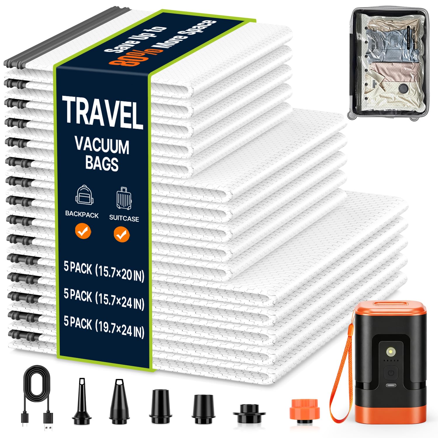 Bolsas de vacío de viaje con bomba recargable: sellador al vacío portátil