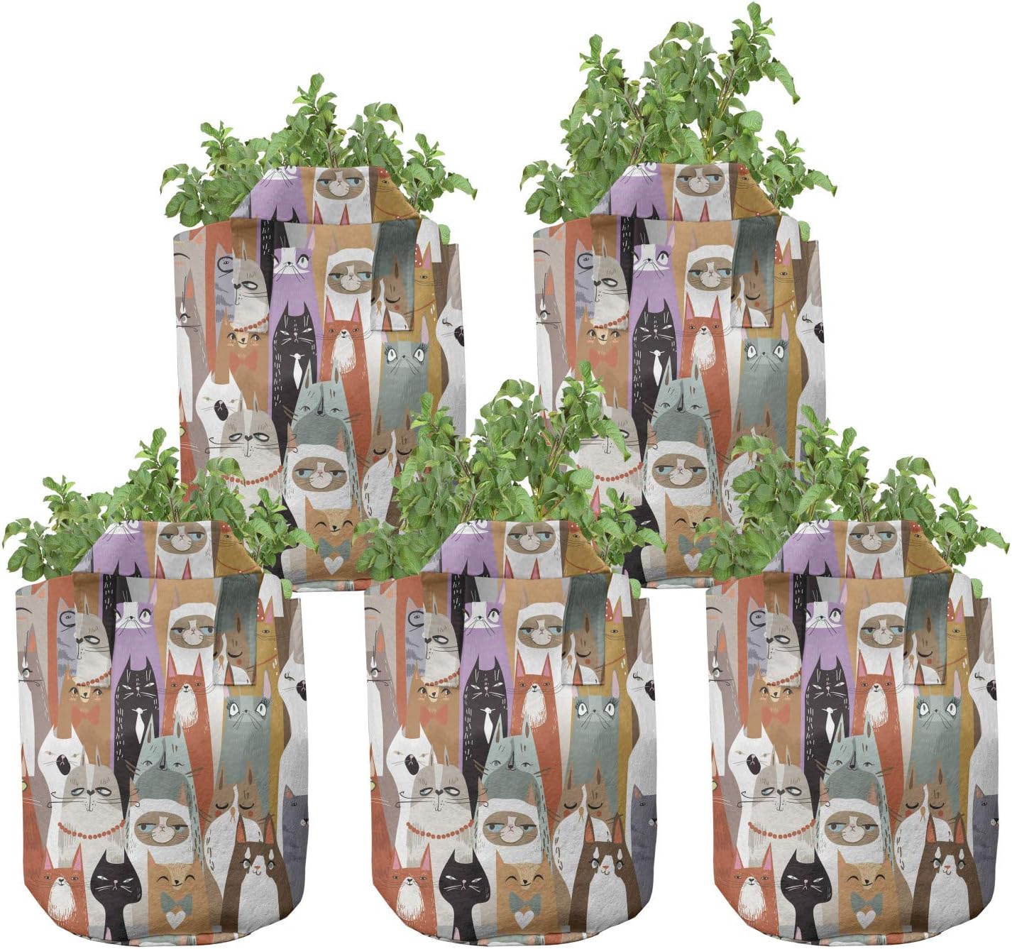 Lunarable Cat Grow Bags 5-Pack, Funny Kitty Family Artwork, Heavyduty Fabric Pots with Handles for Plants, 7 Gallon, Multicolor