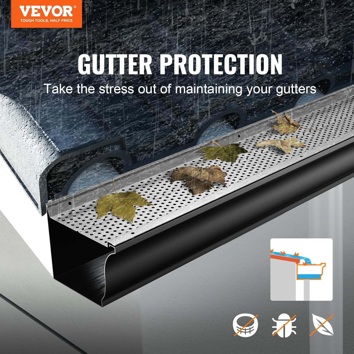 VEVOR Gutter Guard, 5 inch Width, Aluminum Leaf Filter DIY Gutter Cover, 26 PCS 104 ft Total Length, 0.157'' Hole Diameter & 0.02'' Thick Fits Any Roof or Gutter Type