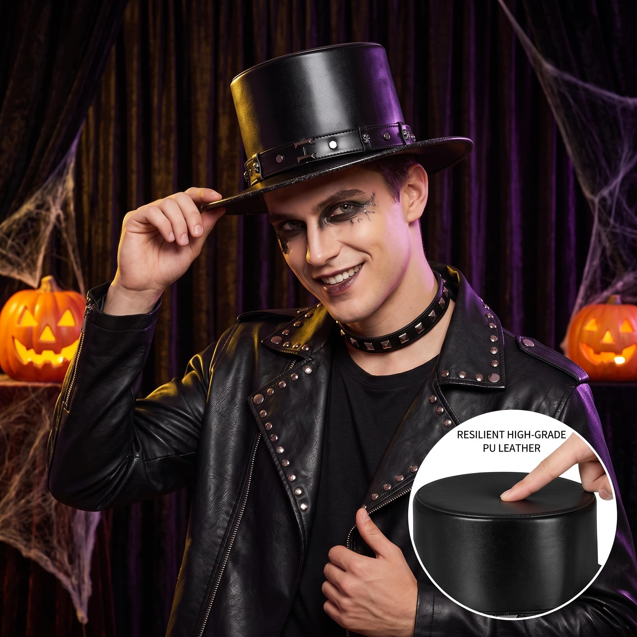Cappello di Halloween, cappello a cilindro Steampunk da uomo in pelle PU, nero