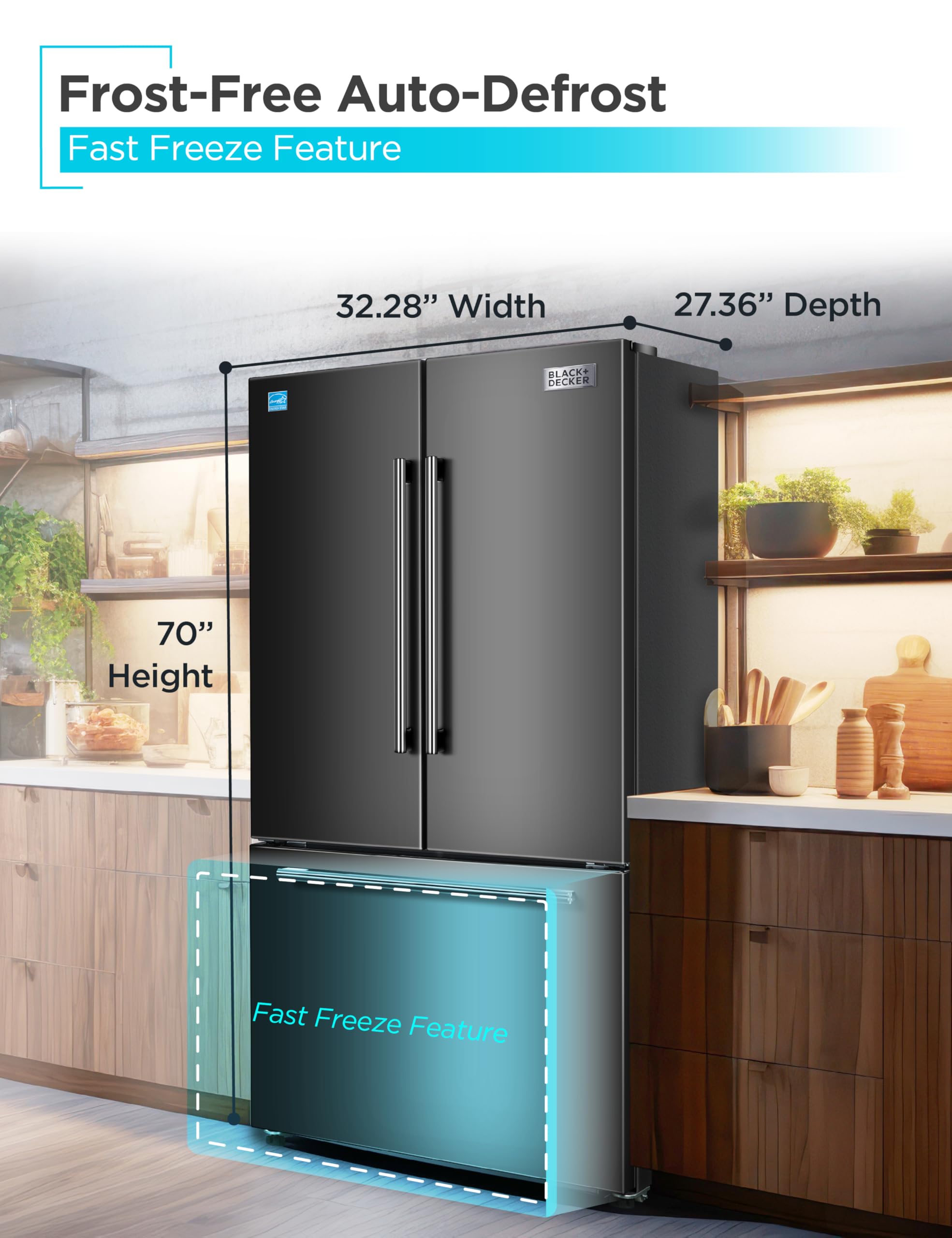 Black+Decker 18 cu. ft. French Door Refrigerator With Built-In Ice Maker, Full Size Refrigerator With Bottom Mount Freezer Drawer, Frost Free, Energy Star Certified, BRF1800GIMB, Black - View 5 | Fridge.com