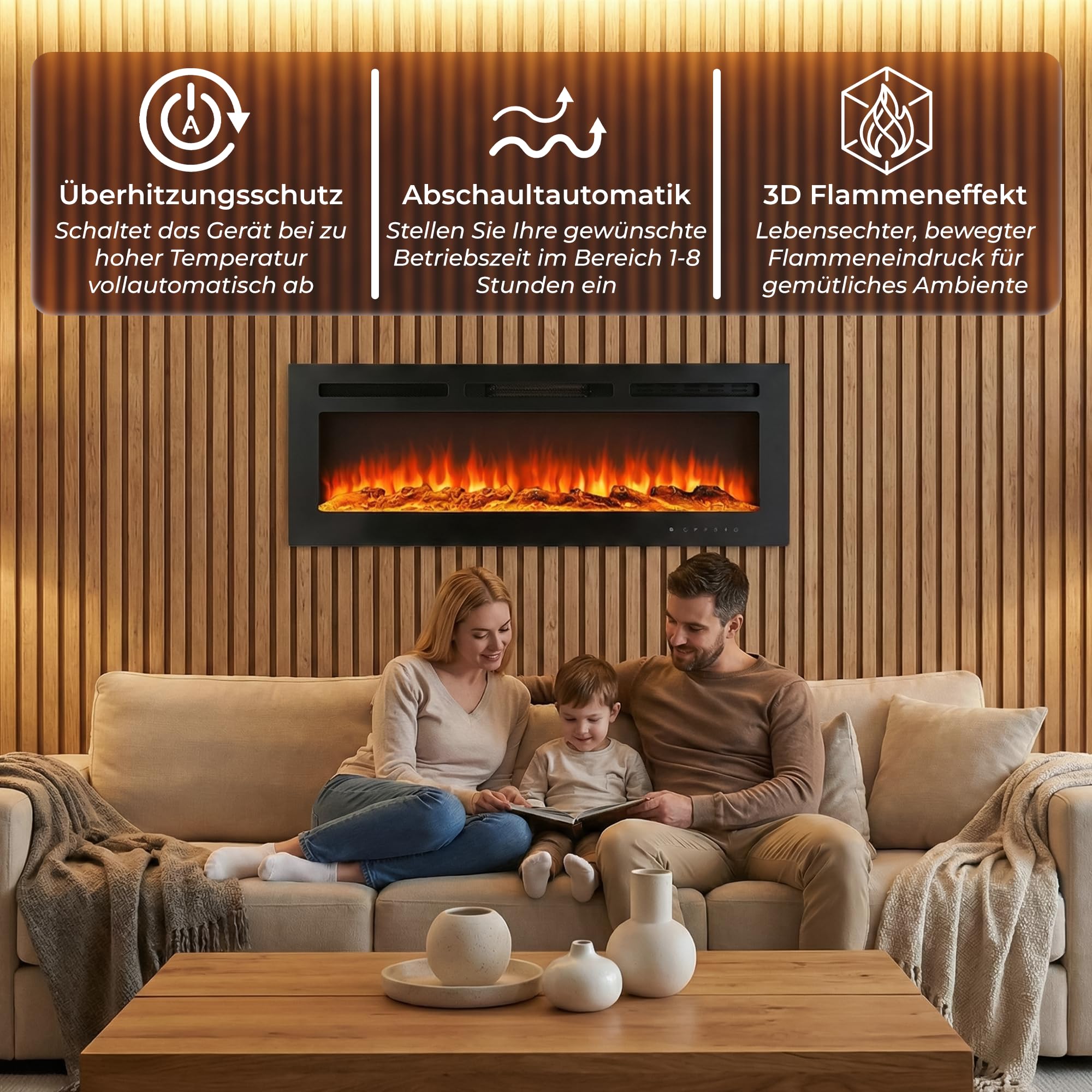 KLAMER Elektrokamin 1800W, Heizlüfter mit Thermostat 18–30°C, 9 Flammenfarben, Timer 1–8h, WiFi App & Fernbedienung, Elektroheizung bis 37m²