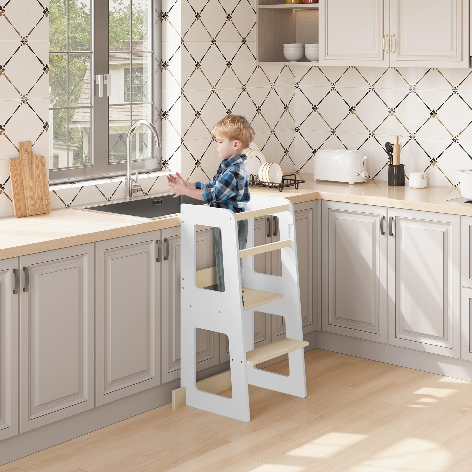 WOLTU Lernturm für Kinder ab 1 Jahr, mit Rausfallschutz, Montessori Learning Tower, Entdeckerturm Küchenhelfer Tritthocker, aus Massivholz MDF, bis 50 kg belastbar, Weiß Holzfarbe