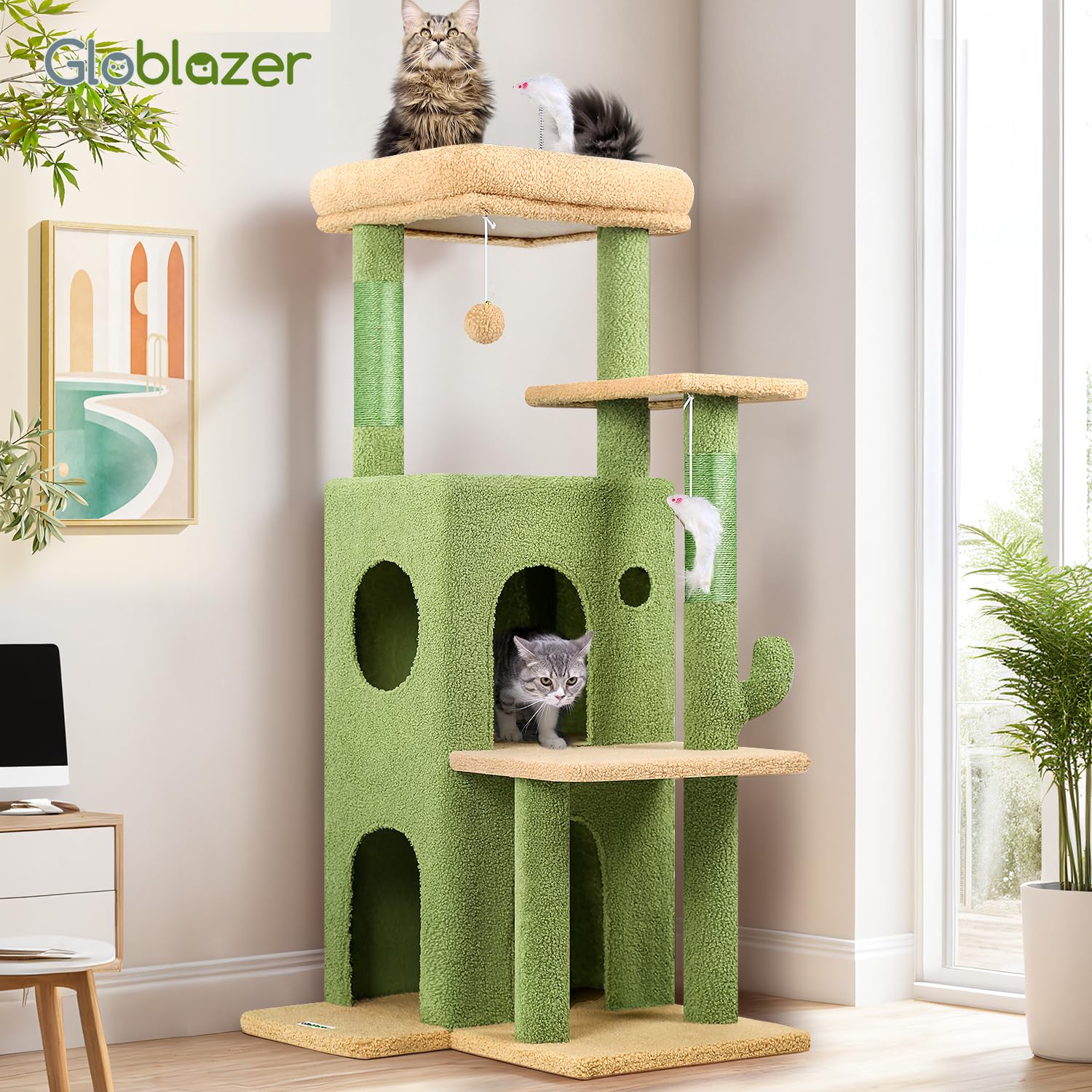 Globlazer Árbol Rascador Cactus Verde con 2 Nidos, Plataformas Acolchada, Felpa Gatos Juquetes, Estable Rascador Fácil de Escalar Grande Gato Viejo Gatitos Descansar Jugar Interior (FC50, Verde)