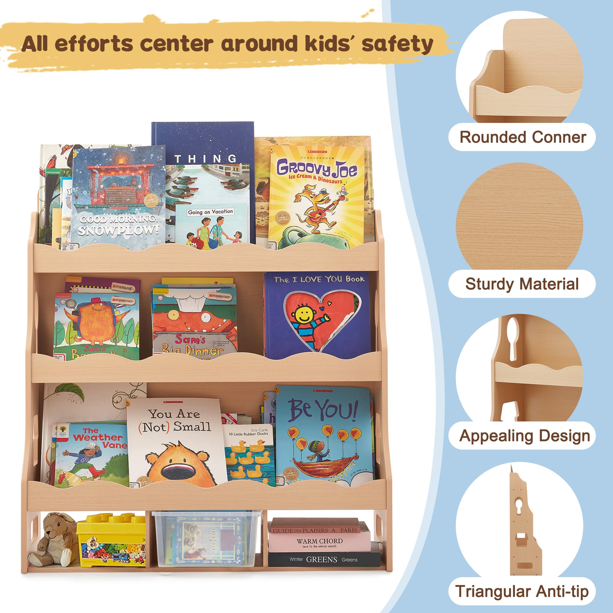 Estantería de madera para niños, estantería para habitaciones infantiles con bordes festoneados, estantería duradera para niños con 3 cubos para libros y juguetes, estantería Montessori para 3