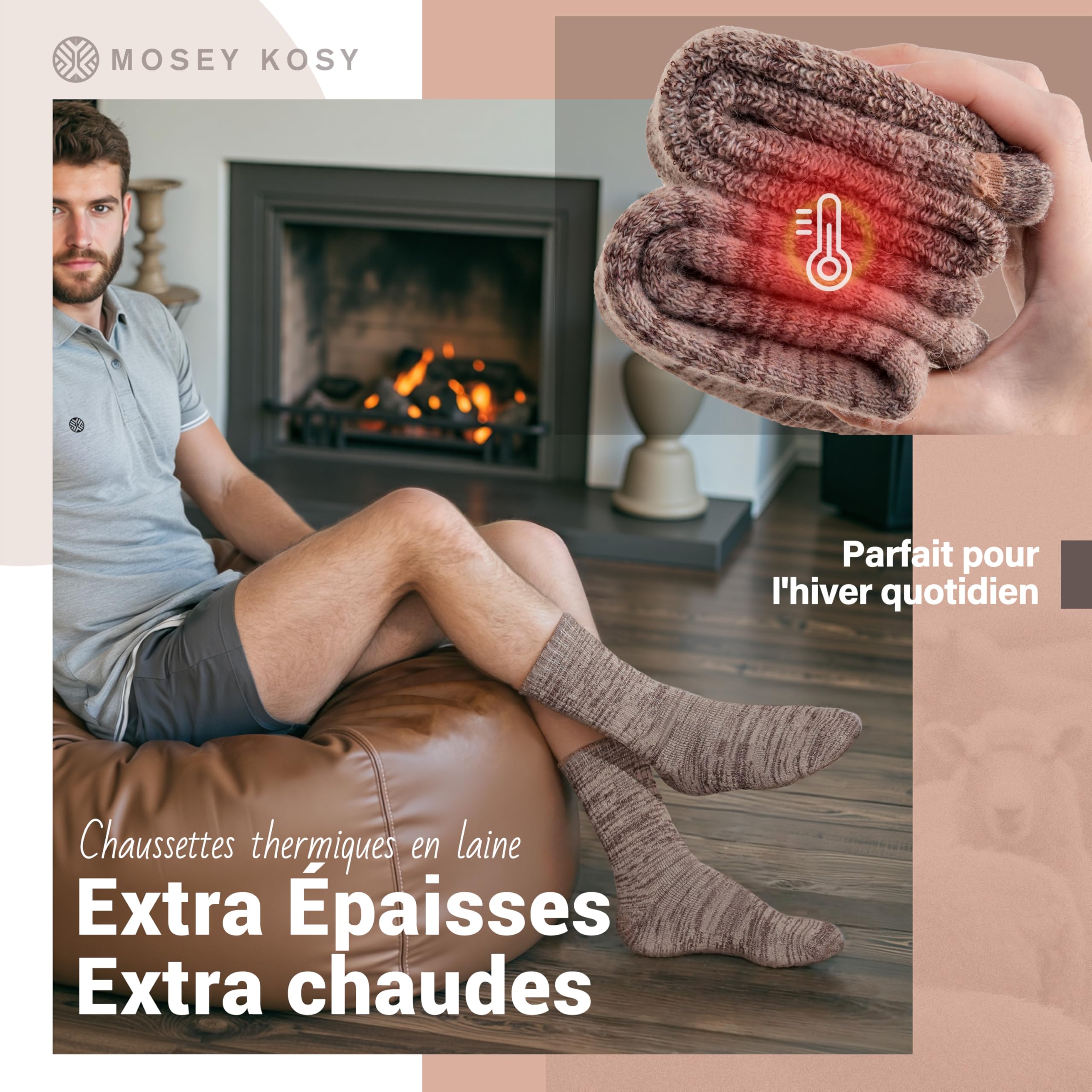 MOSEY KOSY 4 Paires de Chaussettes en Mérinos pour Marche et Randonnée Chaudes Extra Épaisses Thermiques Confortables avec Caleçon pour Travail pour Femme et Homme