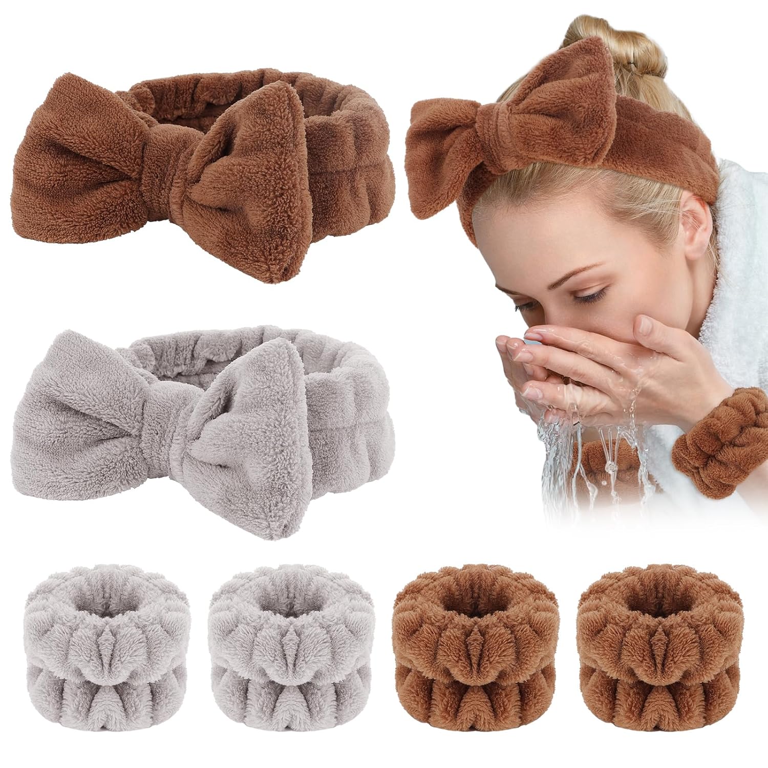 WHAVEL Juego de 6 diademas y muñequeras de spa, diadema para lavado de cara, para el cuidado de la piel, para lavar la cara
