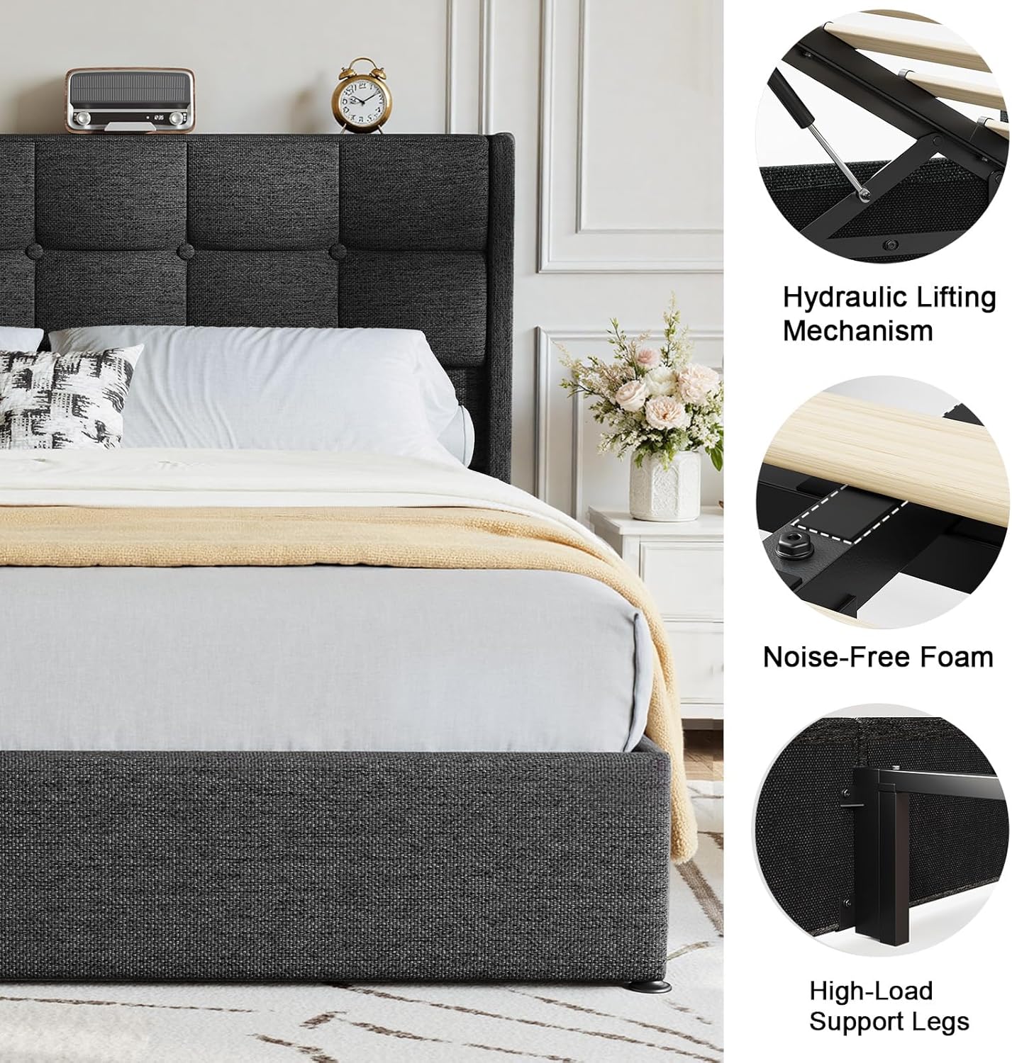 Lift Up Queen Size Bed Frame with Storage, Upholstered Queen Bed Frame with Wingback Headboard, No Box Spring Needed, Easy Assembly - Dark Grey