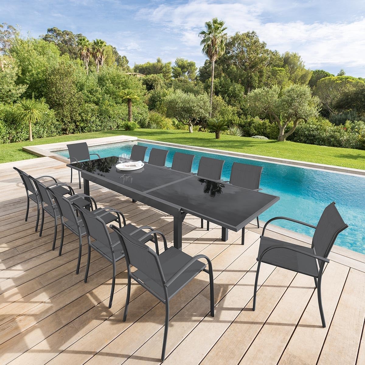 Hespéride - Mesa de jardín Extensible Piazza, Gris Grafito - 10 plazas - Aluminio Inoxidable, Vidrio Templado - Mobiliario de Exterior con extensión Deslizante